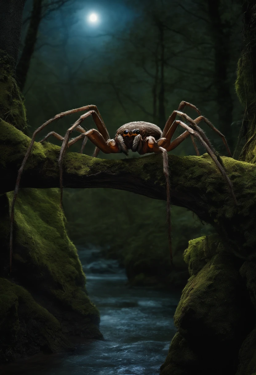 Aragog perched on a rocky overhang, overlooking the winding path through the Forbidden Forest, as the moonlight casts an eerie glow on the surroundings.,Harry Potter and the Chamber of Secrets,Aragog is an Acromantula, a giant spider