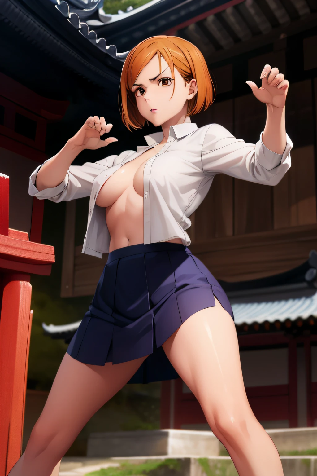 (masterpiece), (best quality), (ultra-detailed), (best illustration), (best shadow), (absurdres), nobarakugisakinova, 18yo,short hair, orange hair, ((brown eyes)), kugisaki nobara, Mole under the outer edge of the eye, medium breasts, (Open white shirt buttons ,no bra:1.2), navel,ultra mini skirt, (fighting stance, kung hu pose),from below,angry,shrine background,