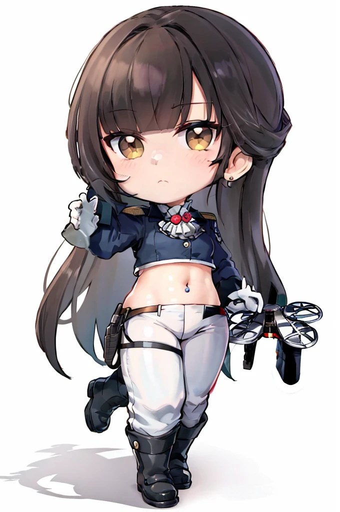 1girl in, Solo, Long hair, Looking at Viewer, blush, Brown hair, gloves, Long sleeves, White background, Navel, Holding, Brown eyes, Jewelry, Very long hair, Closed mouth, Standing, Full body, earrings, long boots, Midriff, Pants, White Gloves, Chibi, Black footwear, croptop, Military, ascot, aircraft, White pants,Martian \(nikke\),Shiny skin,(maturefemale:1.2),