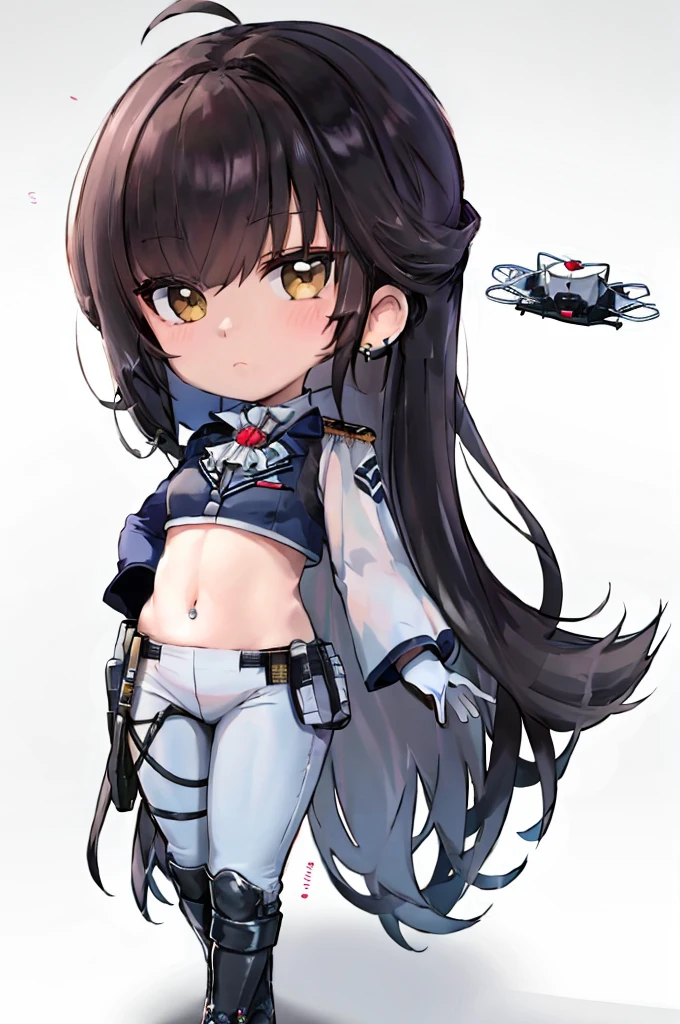 1girl in, Solo, Long hair, Looking at Viewer, blush, Brown hair, gloves, Long sleeves, White background, Navel, Holding, Brown eyes, Jewelry, Very long hair, Closed mouth, Standing, Full body, earrings, long boots, Midriff, Pants, White Gloves, Chibi, Black footwear, croptop, Military, ascot, aircraft, White pants,Martian \(nikke\),Shiny skin,(maturefemale:1.2),