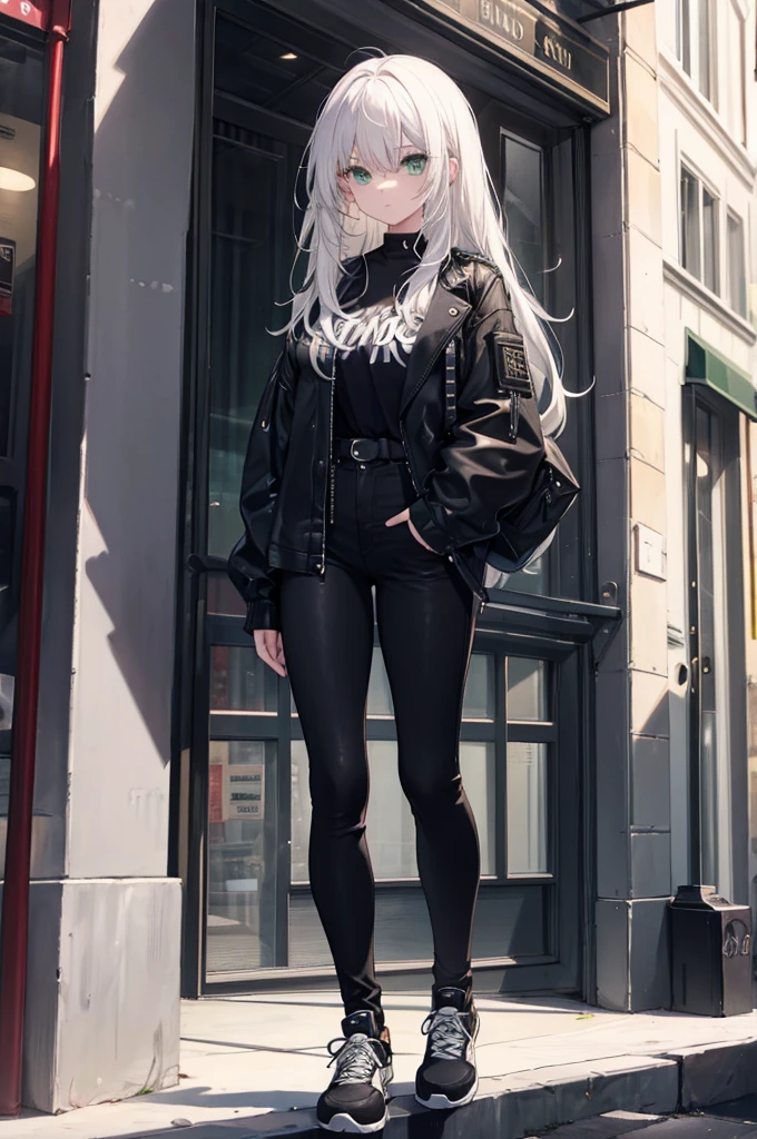 a beautiful girl with white hair and green eyes wearing a black jean jacket. Green blouse and black jeans. Black sneakers