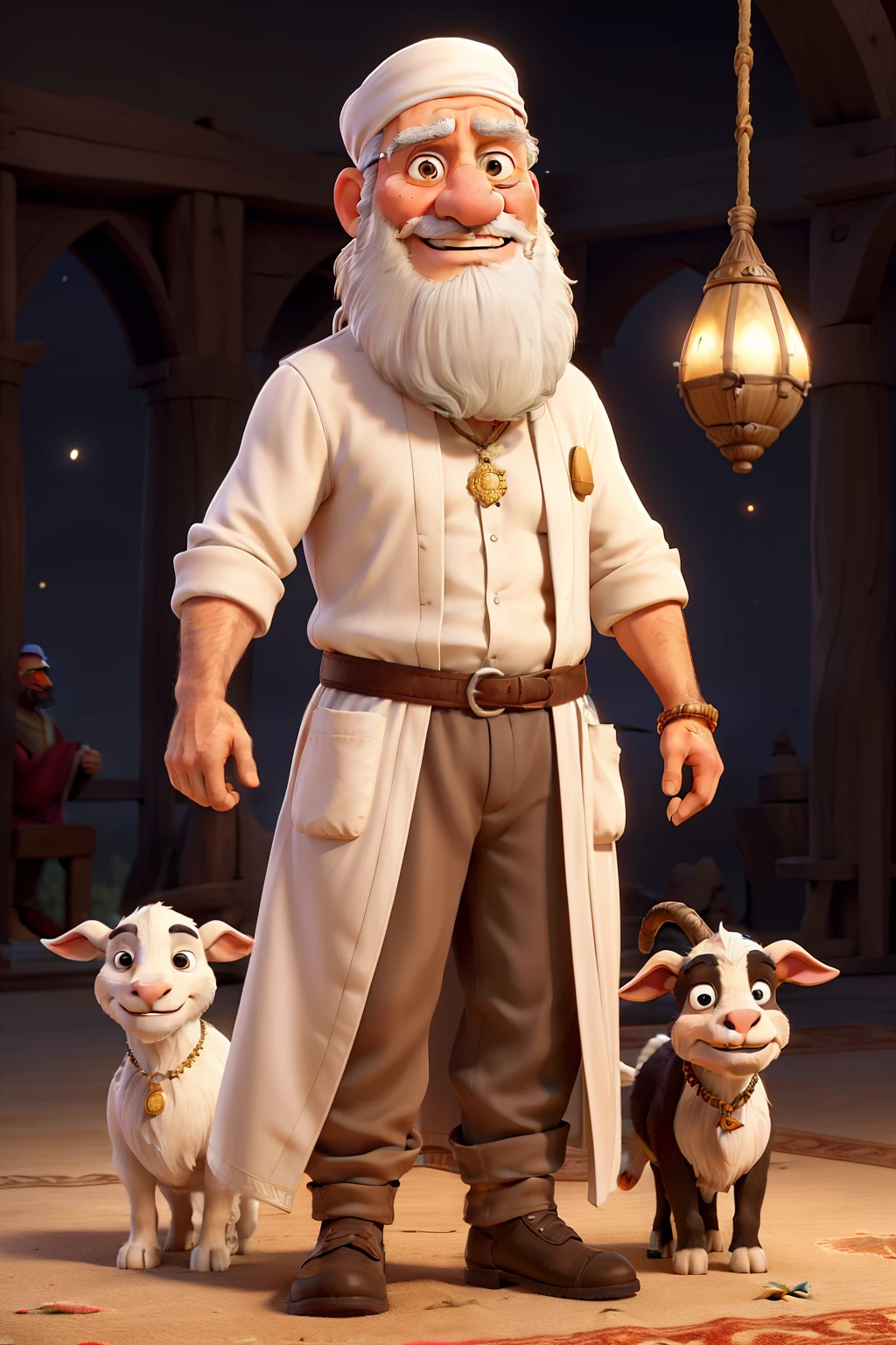 create a old middle eastern man wearing a long white robe until his foot and an arabic male headdress on his head and a necklace with a crescent moon and a single star symbol. he has brown skin, baggy eyes with black eye bags, black pupils, big and long sharp nose, and a long white beard on his chin with an evil smile. holding hands with a goat standing on two legs on a wedding ceremony as the background with lots of people attending and a poster behind that says happily married