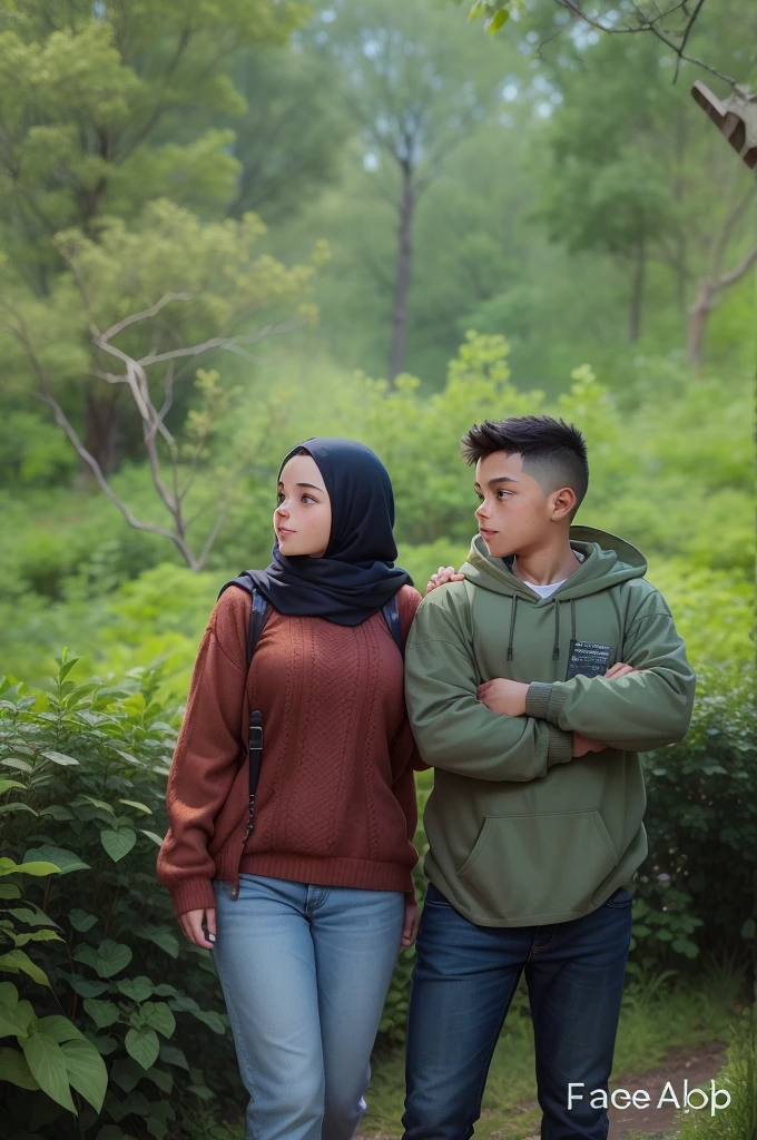 a boy and a girl, twins, Brother and sister, Exactly the same, in jeans and shirts, stand next to each other in full growth, The boy is modest and calm, The boy has a book in his hands, The girl smiles broadly, Kind of hooligan, In his left hand is a wooden sword, soft light, Detailed, High-quality textures, Realistic