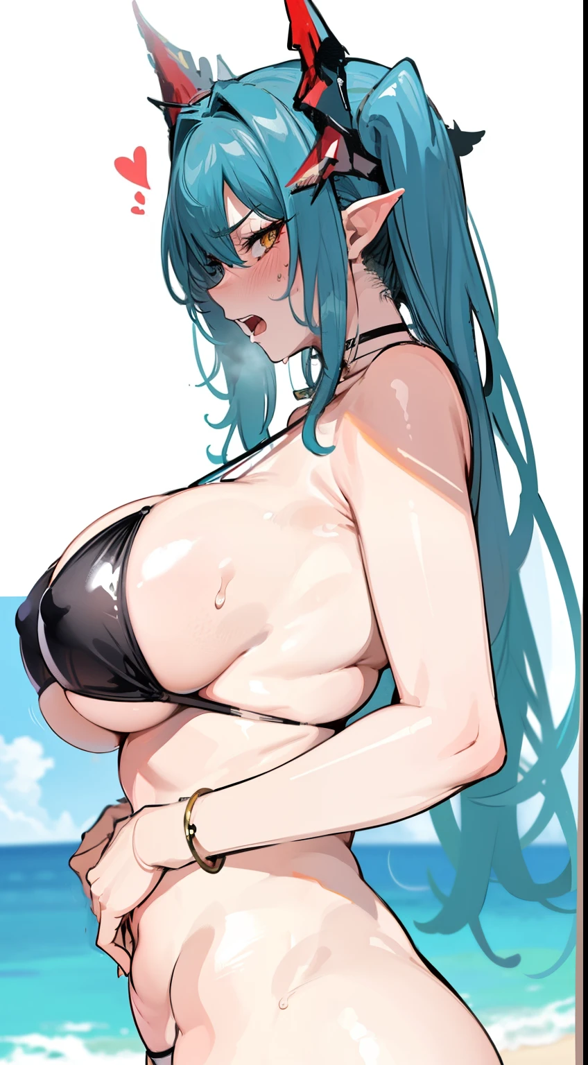 Open mouth, A MILF, , Shiny body, Shiny skin, , Large breasts ,Shiny skin,BTPT-FC,wide hips,Ahegao,Resort Beach,Sweat,Drooling,heart mark,,,NFSW, pov,angry,focus upper body,looking at viewer,bikini,standing,hands on hips ,from side