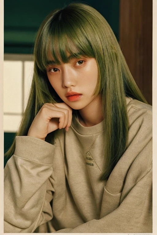women are beige,20yr old、 green gradation hair、Straight hairstyle、Pattsun bangs、wearing a retro sweatshirt、Fashion Editorial