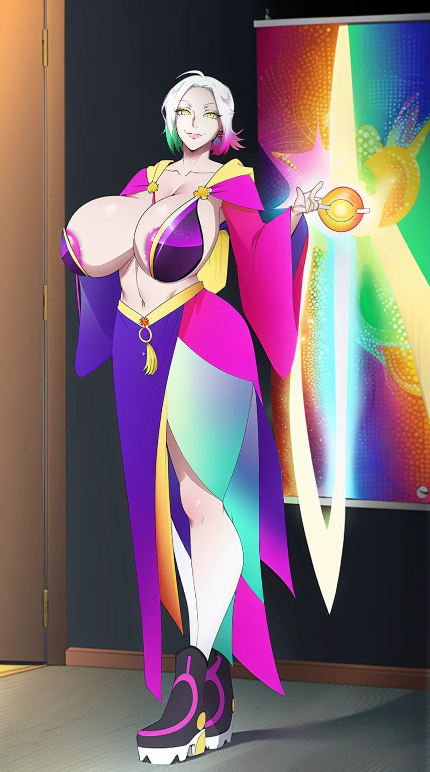 masterpiece, best quality, indoors, mamikafairy, 1girl, solo, looking at viewer,, hand arms full body,boots, standing,cute,breast, curvy, female,fantasy goddess,there is a cartoon picture of a woman with a very large breast, glowing divine being, glowing holy aura, inspired by Luma Rouge, the non-binary deity of spring, ethereal rainbow nimbus, the butterfly goddess of fire, inspired by Mariel, glowing aura around her, astral wind, as the goddess of the saturn, “uwu the prismatic person, big breast, serious, beautiful eyes, , full body, , long robe, long dress, ,priestess ,holy, smile, god rays, ray tracing, sparkle, cinematic lighting, UHD, retina, masterpiece, ccurate, anatomically correct, textured skin, super detail, high details, high quality, award winning, best quality, highres, 1080P, HD, 4K, thunder aura, light aura,full, snak staff,closed mouth, huge breast, curvy, bimbo, standing, heroic, pose, background ruin of a misterios city,UHD, retina, masterpiece, ccurate, anatomically correct, textured skin, super detail, high details, high quality, award winning, best quality, highres, 1080P, HD, 4K, sun aura