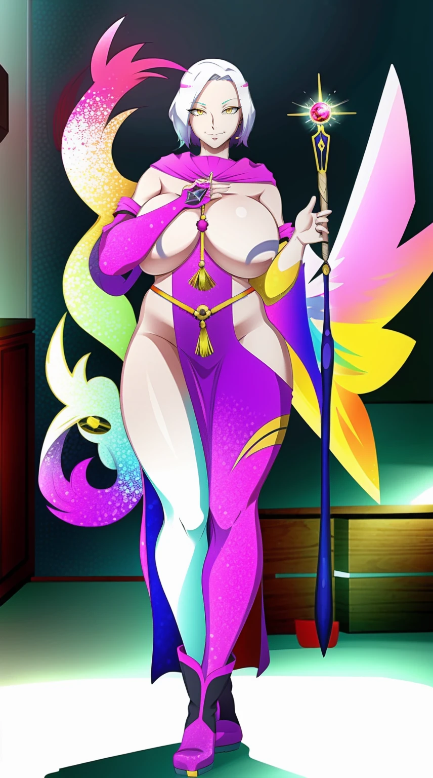 masterpiece, best quality, indoors, mamikafairy, 1girl, solo, looking at viewer,, hand arms full body,boots, standing,cute,breast, curvy, female,fantasy goddess,there is a cartoon picture of a woman with a very large breast, glowing divine being, glowing holy aura, inspired by Luma Rouge, the non-binary deity of spring, ethereal rainbow nimbus, the butterfly goddess of fire, inspired by Mariel, glowing aura around her, astral wind, as the goddess of the saturn, “uwu the prismatic person, big breast, serious, beautiful eyes, , full body, , long robe, long dress, ,priestess ,holy, smile, god rays, ray tracing, sparkle, cinematic lighting, UHD, retina, masterpiece, ccurate, anatomically correct, textured skin, super detail, high details, high quality, award winning, best quality, highres, 1080P, HD, 4K, thunder aura, light aura,full, snak staff,closed mouth, huge breast, curvy, bimbo, standing, heroic, pose, background ruin of a misterios city,UHD, retina, masterpiece, ccurate, anatomically correct, textured skin, super detail, high details, high quality, award winning, best quality, highres, 1080P, HD, 4K, sun aura