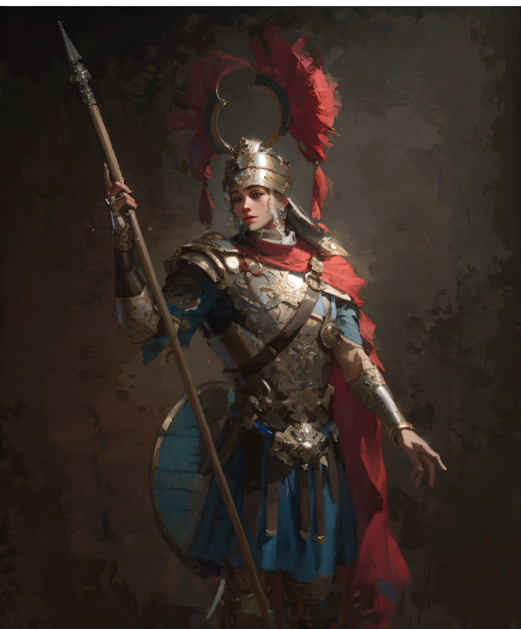 pintura de una mujer vestido con armadura sosteniendo una lanza y un escudo, por Roman Bezpalkiv, Wojtek FUS, Soldado antiguo, inspirado por Roman Bezpalkiv, por Karl Kopinski, Chengwei Pan en ArtStation, por Tadeusz Pruszkówski, Arte conceptual de un guerrero, por Ryan Barger, Artista conceptual senior