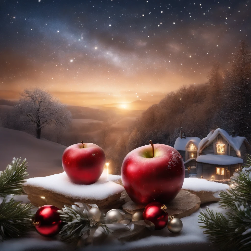 Behold a breathtaking digital masterpiece with a translucent red crystal apple, Inside, a 20 year old girl in a transparent white micro bikini, long flowing blonde hair, black 15 inch heel sandals with diamond covered straps , Nestled in its depths is a star-studded sky enveloping a quaint rural town., covered in the soft embrace of Christmas snowflakes. The apple, with its shiny and immaculate surface, atua como uma esfera hipnotizante, revelando a cena cativante dentro. The stars dance in the velvety sky, while the delicate descent of snow lends an air of serenity and wonder.
A cidade aconchegante, adorned with glittering houses and festive decorations, exala um ambiente reconfortante e alegre. The soft glow emanating from the apple highlights the minutiae of the landscape, casting an ethereal glow that reflects the charm of Christmas. Each meticulously crafted snowflake adds a sense of movement, dando vida a esta cena pitoresca.
This composition is a visual ode to Christmas – a fusion of nature&#39;s splendor, crystalline magic and the joyful spirit of the countryside. Captured through a 3D digital lens, embodies the elegance of Art Deco and the visionary allure of artistic interpretation."
