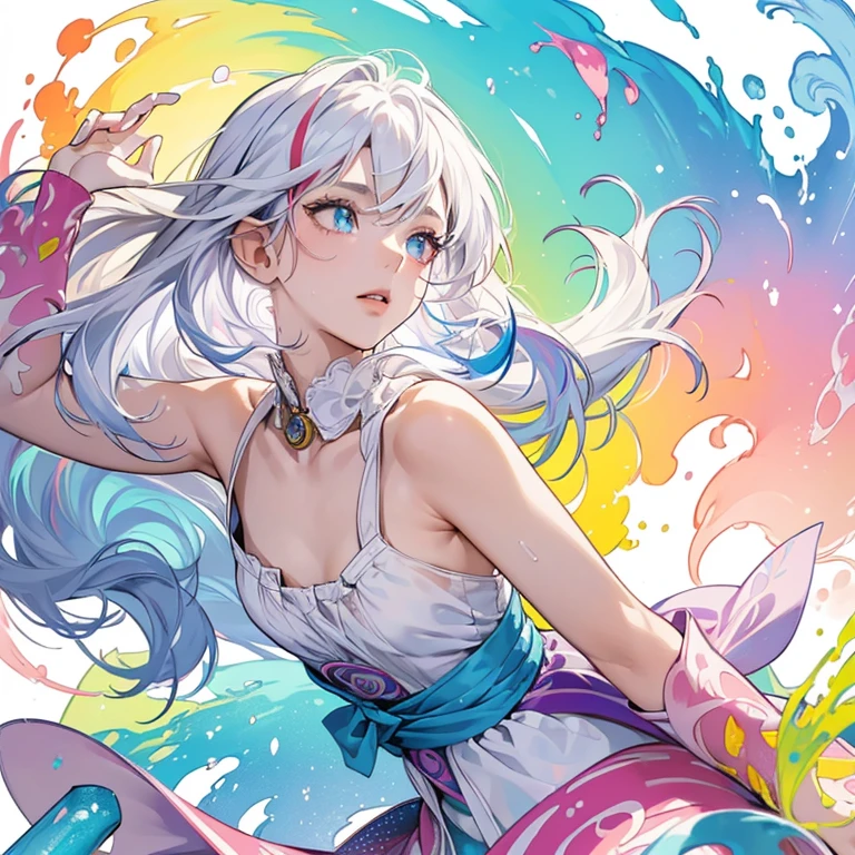 (((masterpiece))),(((best quality))),((ultra-detailed)),(illustration),(dynamic angle), ((floating)),(paint),((disheveled hair)), (solo),(1girl), ((small_breasts)), (((detailed anima face))),((beautiful detailed face)),collar,bare shoulders, white hair, ((colorful hair)),((streaked hair)), beautiful detailed eyes,(Gradient color eyes),(((colorful eyes))), (((colorful background))),(((high saturation))),(((surrounded by colorful splashes))),(((surrounded by colorful dot))),colorful bubble,((shining))