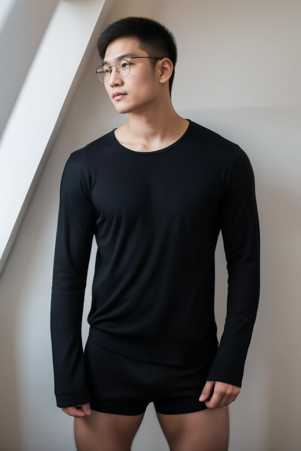 (Andrew thomas huang, oval face, eyeglasses), neat muscular, short hair