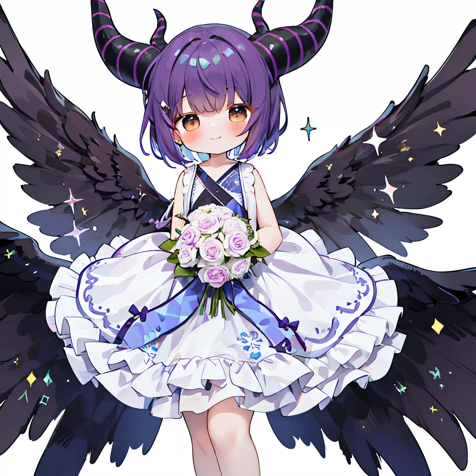 （(with a large bouquet：1.3)），1girl in, Solo, Barefoot, Hair Ornament, Smile, Dress, Horns, White background, Simple background, Brown eyes, hair clips, White Dress, Short hair, blush,, From the side、 Purple hair, Looking at Viewer, Arms up, Standing, Closed mouth, child, Wings, with floral pattern, (Glitter),, jumpping,looking left：1.0