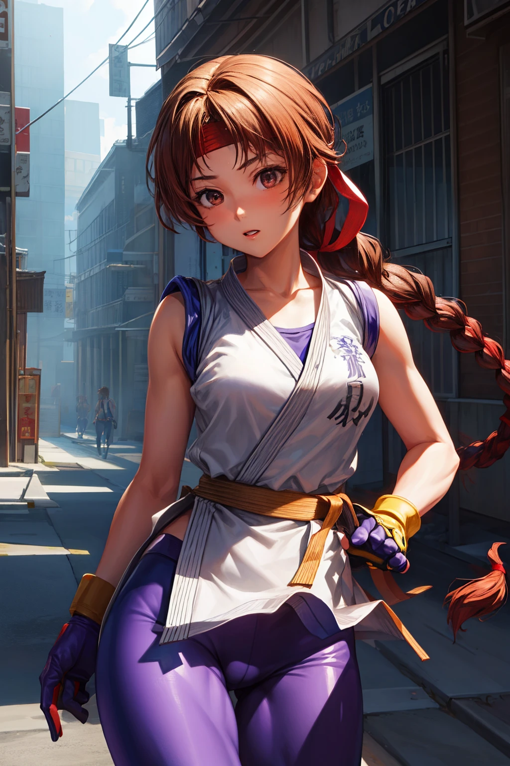 (masterpiece, best quality, high resolution, unity 8k wallpaper, extremely detailed CG:1), (illustration:1.0), 1girl,solo, yurims, headband, dougi, spandex, gloves,