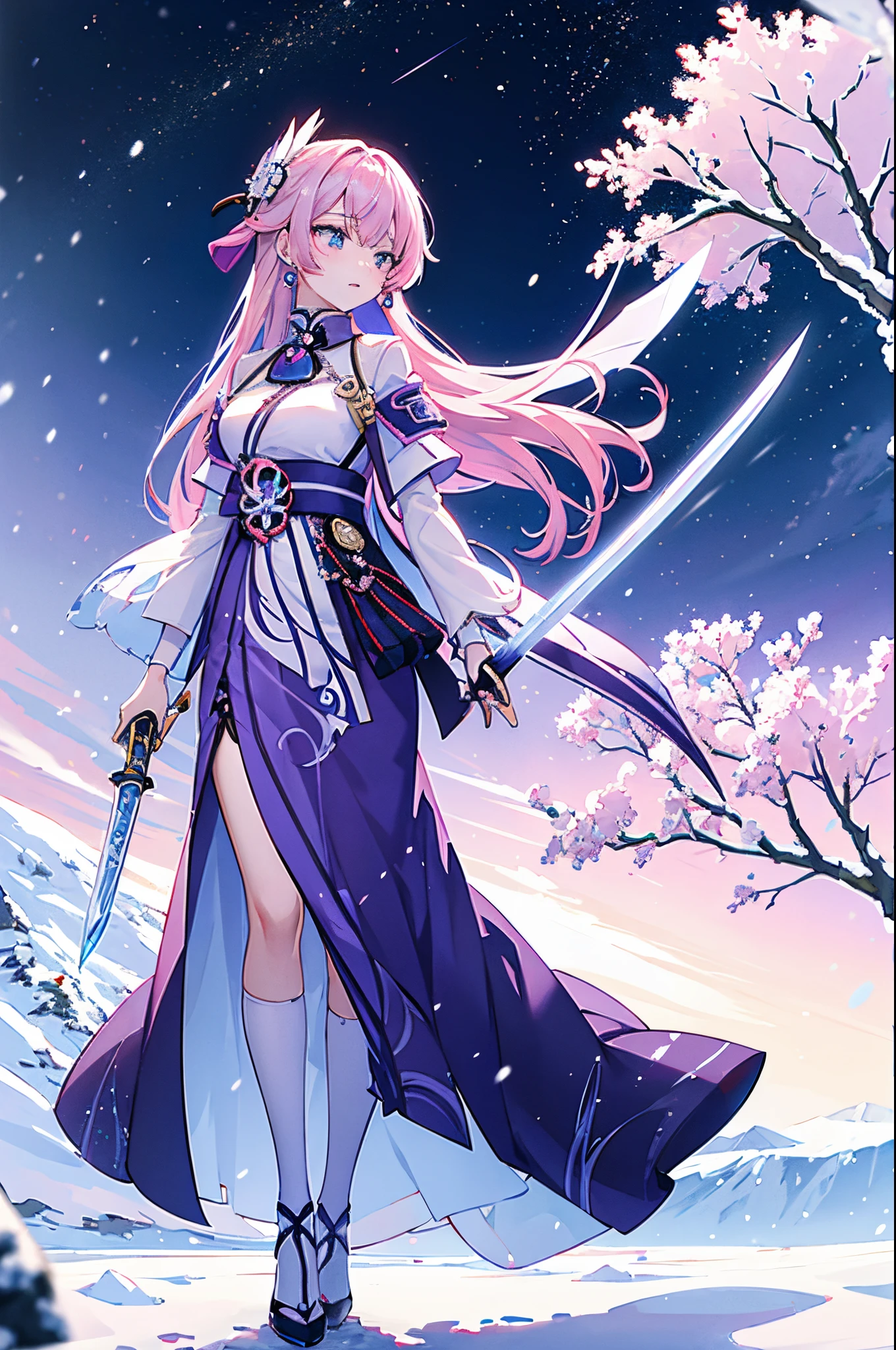 Extreme detail, flawless perfection, bird's eyes view, Like a work of art, Anime girl holding ice and snow sword, Pink hair and purple dress complement each other perfectly, Genshin Ayaka staring into the distance, Lead us into the world of Original God.