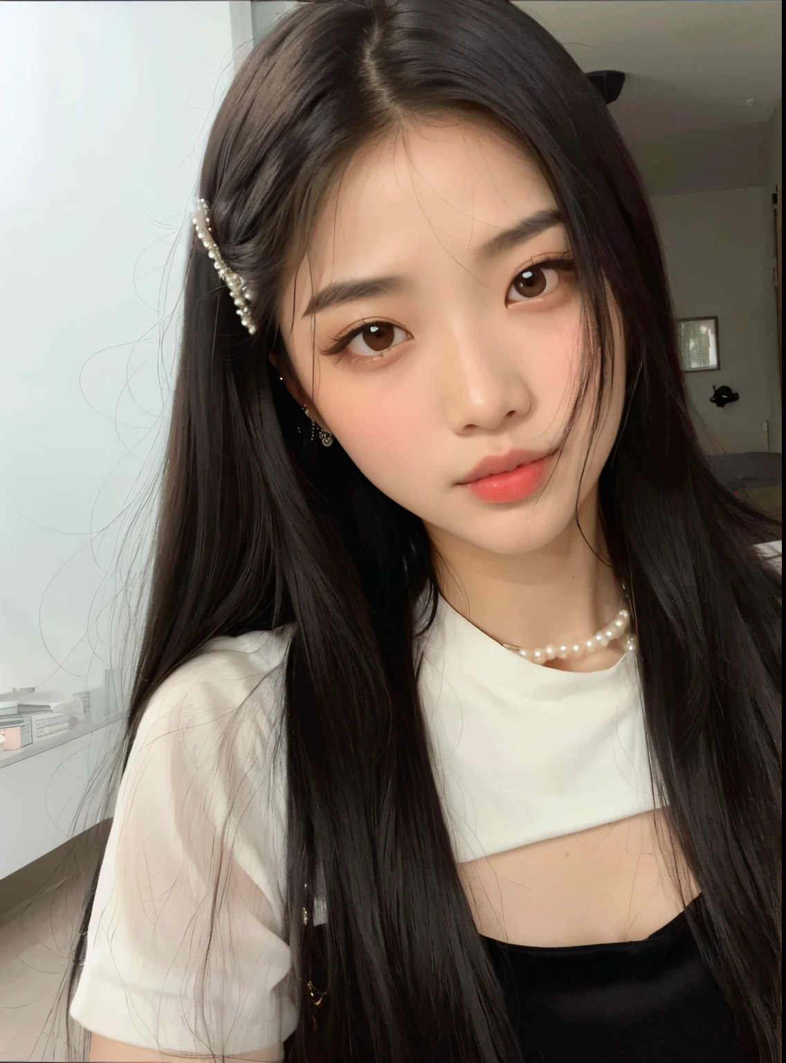 Arafed Asian woman with long black hair and a pearl necklace, Ulzzang, Jinyoung Canela, menina coreana, linda mulher coreana jovem, young adorable korean face, Mulher sul-coreana bonita, young cute wan asian face, mulher coreana jovem bonita, Jaeyeon Nam, wan adorable korean face, Bae Suzy, Ela tem cabelo preto com franja