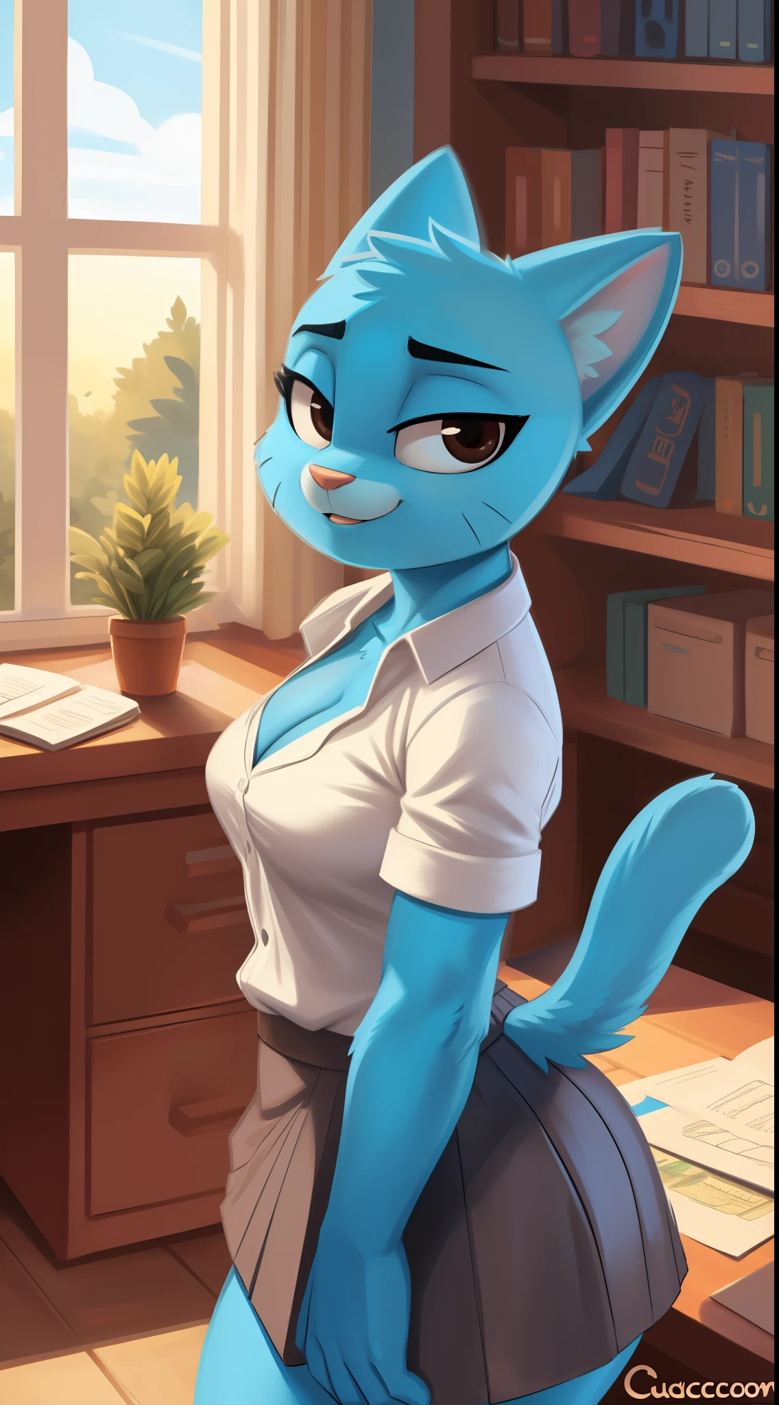 [Uploaded to e621.net; ((by ozoneserpent)), ((by cubedcoconut:1.3)), ((by the-minuscule-task)), ((by zummeng))], ((ultra quality)), ((masterpiece)), Nicole Watterson, milf, anthro cat, furry cat, ((there are only cat ears, no others)), ((there is a cats short tail in the back)), ((Face Clean)), Beautiful cute face, beautiful female lips, charming beauty, ((seductive facial expression)), looks tenderly at the camera with his eyes slightly closed, ((skin color blue)), ((blue wool)), Body glare, ((detailed beautiful female eyes)), ((dark brown eyes)), beautiful female hands, ((perfect female figure)), ideal female body shapes, Beautiful waist, big thighs, Beautiful butt, ((Subtle and beautiful)), lying seductively on the sofa, ((Nicole Watterson clothes, ((grey skirt)), white short-sleeved shirt, sexy cleavage), background: ordinary office, office desk, beautiful sunset in the window, ((Depth of field)), ((high quality clear image)), ((crisp details)), ((higly detailed)), Realistic, Professional Photo Session, ((Clear Focus)), ((cartoon)), the anime, NSFW