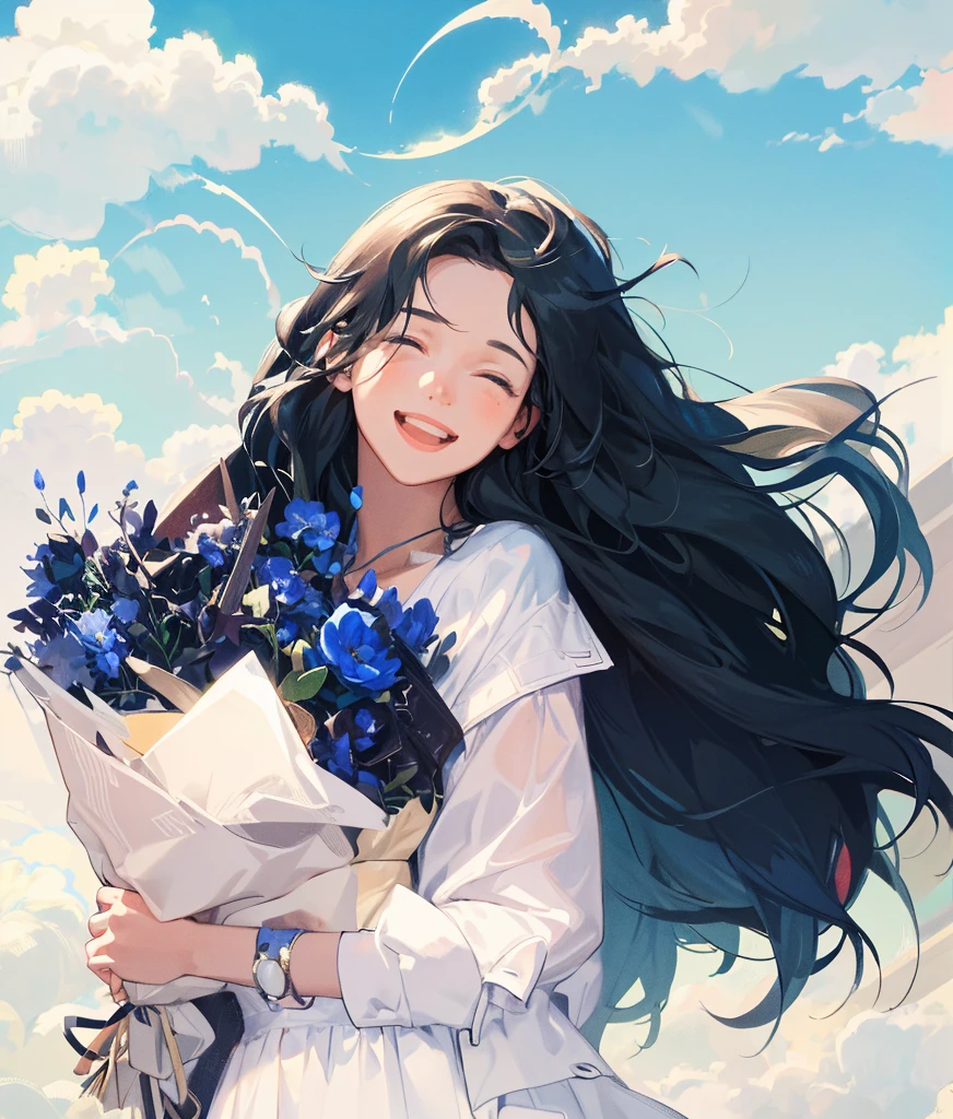 tmasterpiece,best qualtiy,cinematic Film still from,1girl,Floating in the sky,Cloud Girl,clouds,(closeup cleavage:1.1),brightly,cheerfulness,intriguing,(bauhause,shape,lineworks,abstracted:1.1)blue flowers