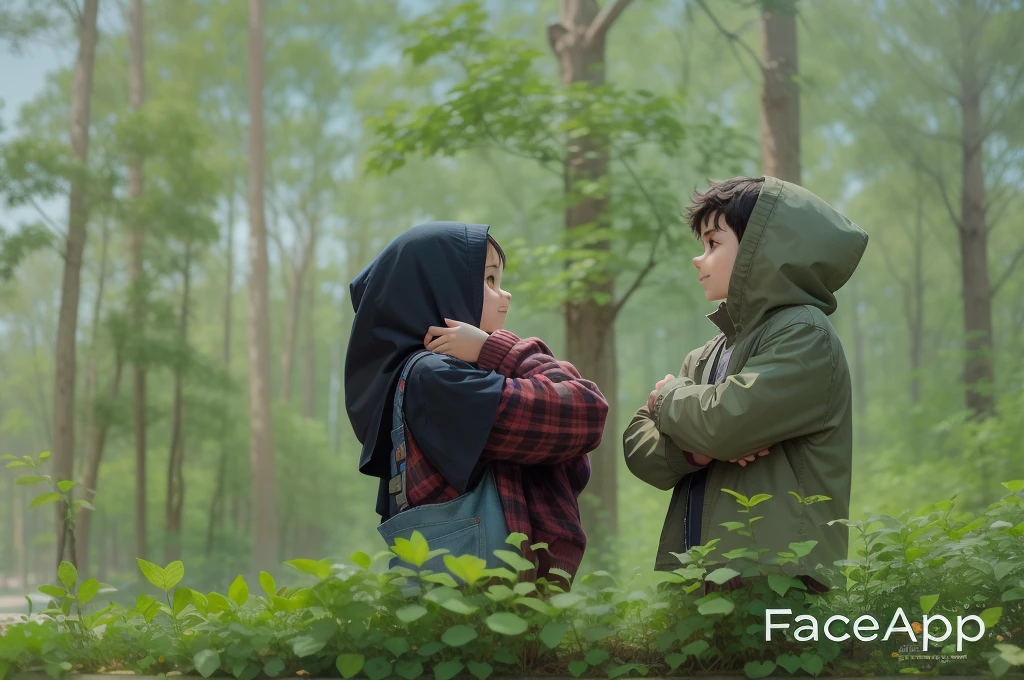 a boy and a girl, twins, Brother and sister, Exactly the same, in jeans and shirts, stand next to each other in full growth, The boy is modest and calm, The boy has a book in his hands, The girl smiles broadly, Kind of hooligan, In his left hand is a wooden sword, soft light, Detailed, High-quality textures, Realistic