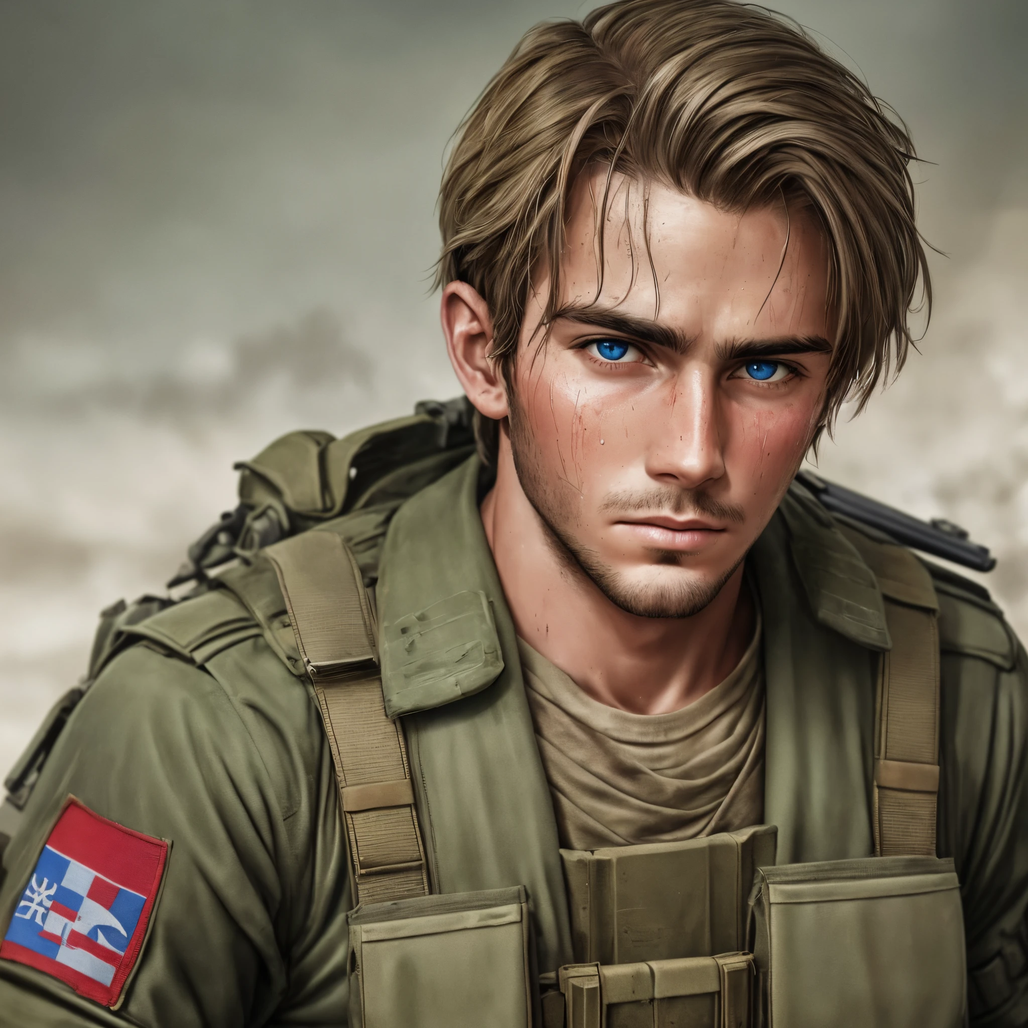 young handsome soldier looking straight at the camera, It's dirty and sweaty after the war, imagen ultra realista --auto --s2