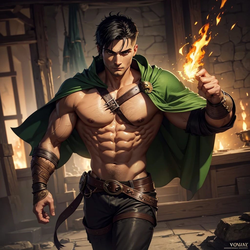 Adult Male Fighter with green fire around him, he is muscular, he has tan skin, he has short black hair, he has green eyes, he wears noble clothing, he wears a black cloak, he wears black pants, dungeons and dragons, Dark Fantasy, Dark Fantasy Style art, Portrait of an invincible warrior, invincible warrior, Achilles, God of War, scars on body, masterpiece, highest quality, ultra detail, illustration, depth of field, dynamic angle, 8k wallpaper, portrait, best light and shadow quality, 4k, 8k, cg, fine detail, full body,
