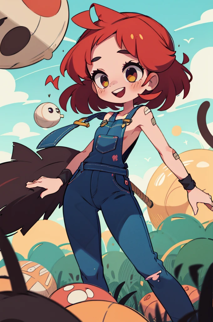 master part, Beautiful, 4k, circunstanciado, detalhes intrincados, Child, Loli, catsuit, denim jumpsuit, Handcuffed overalls, red hair, longos cabelos ruivos, cabelos longos e lisos, messy hair, Tomboy, cabelo de moleque, moleque, dente de fivela, olhos azuis suaves, sorriso suave, leve sorriso, hands back, standing on the balls of his feet, 1girl, balance sheet, not shirt, overalls on the skin, bareshoulders, mangas nuas, bare arms, medium sized breasts, clivagem, neckline behind overalls, virado para a frente, corte lateral, torso mostrado, band-aid, Sardas