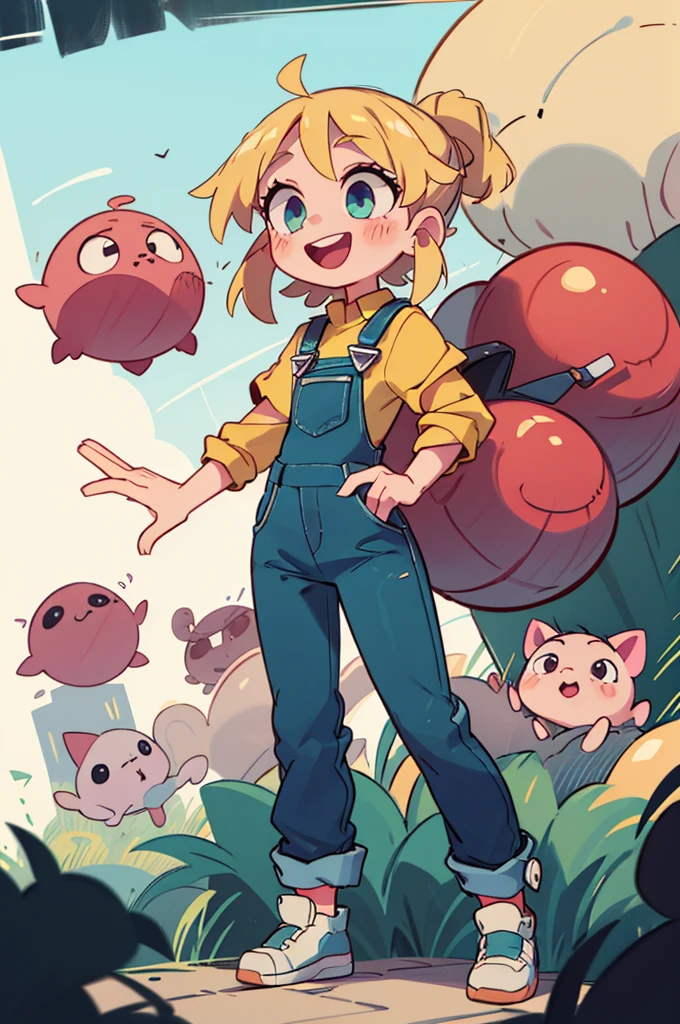 Tip: Very lovely with a backpack and her cute puppy enjoying a lovely spring outing surrounded by beautiful yellow flowers and nature.. The illustration is a high definition illustration with 4k resolution., with highly detailed facial features and cartoon style visuals. busty