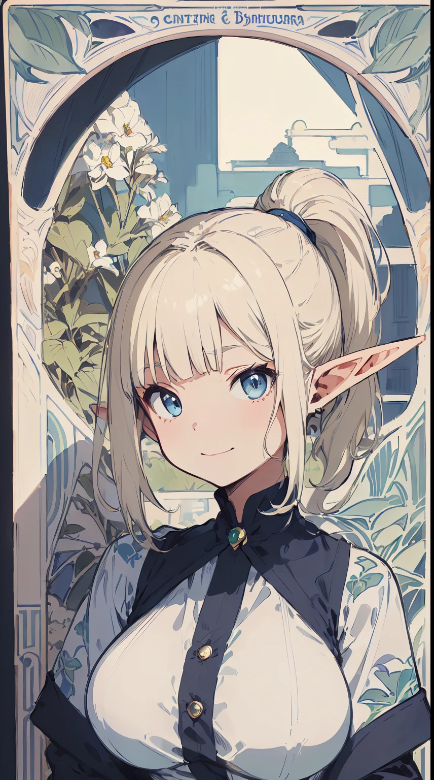 ((Elf Woman)), ((white Blonde, Blunt Bangs, ponytail)), ((White Blouse)), blue Eyes, squinting, Tilting Head, light Smile, ((Canting (with cheeks)), ((Art Nouveau background)), Upper Body, big breast. By Yusuke Murata.