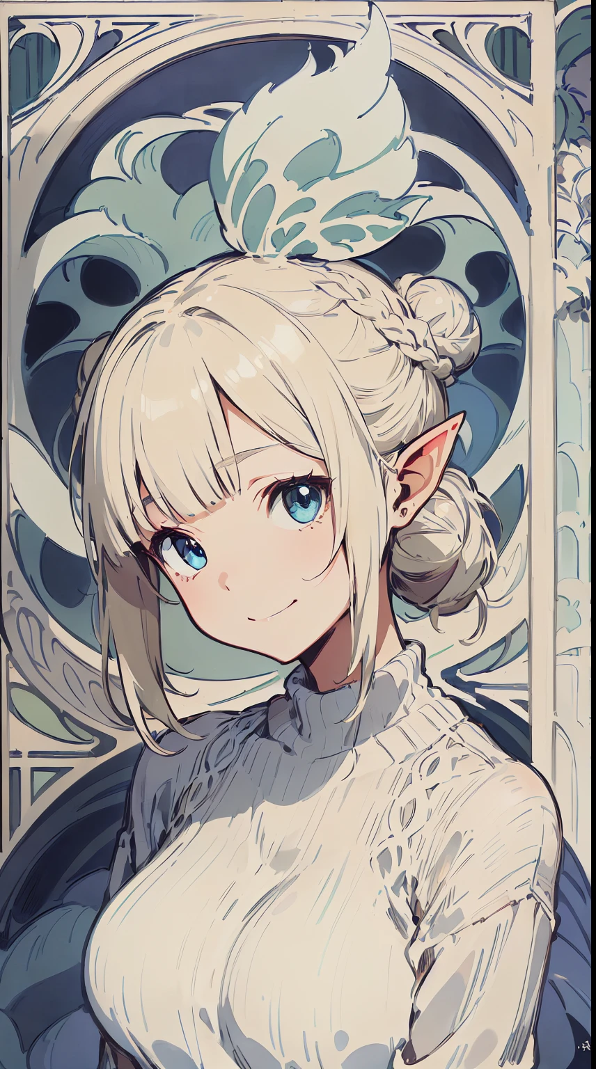 ((Elf Woman)), ((white Blonde, Blunt Bangs, hair bun)), ((White Sweater)), blue Eyes, squinting, Tilting Head, light Smile, ((Canting (with cheeks)), ((Art Nouveau background)), Upper Body, big breast. By Yusuke Murata.