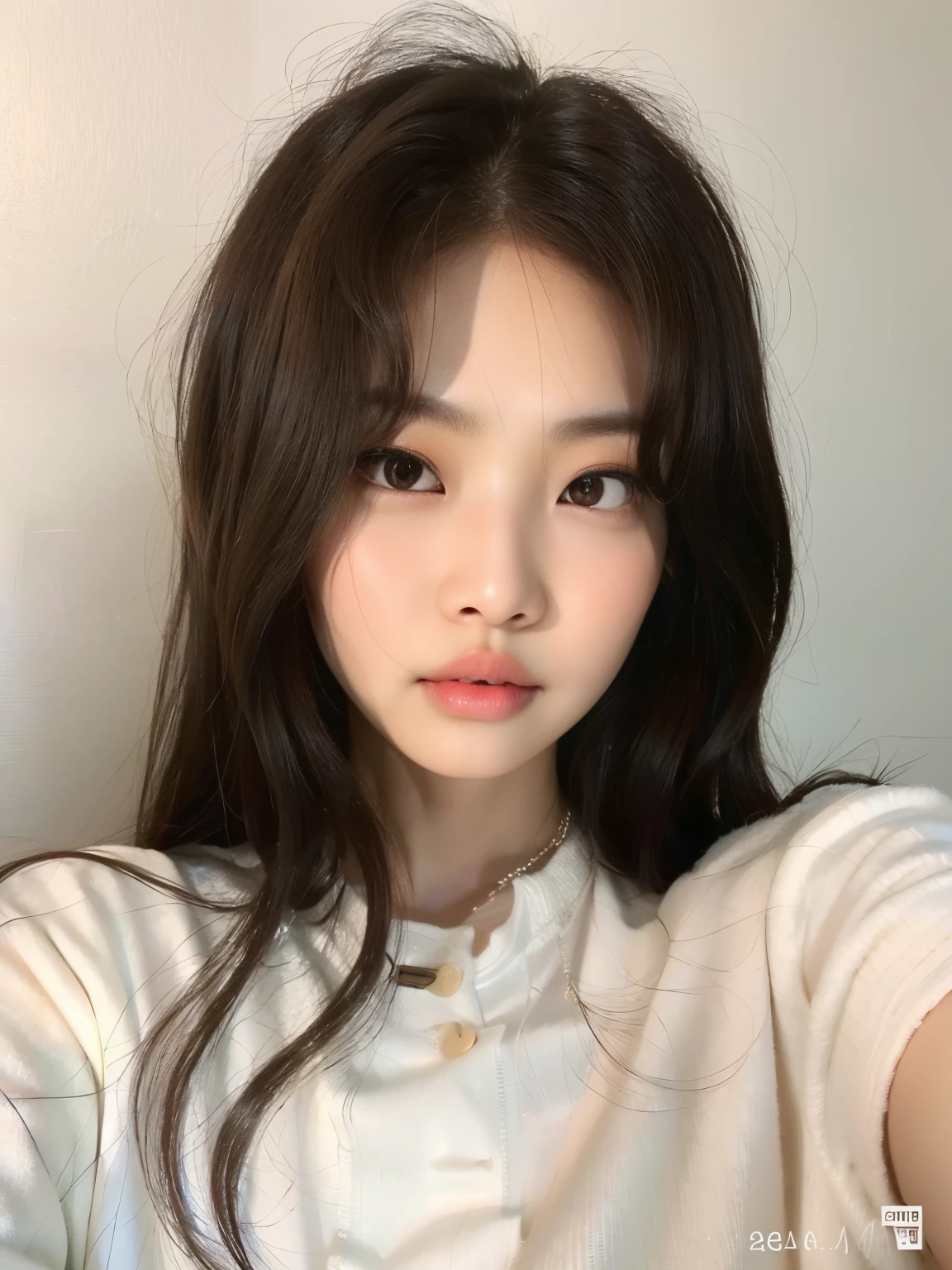 um close up de uma mulher com cabelos longos e uma camisa branca, Jennie Blackpink, com rosto redondo, Jinyoung Canela, Ulzzang, korean face features, young adorable korean face, wan adorable korean face, Jaeyeon Nam, menina coreana, south east asian with round face, pale round face, belo rosto redondo, Heonhwa Choe, Mulher sul-coreana bonita