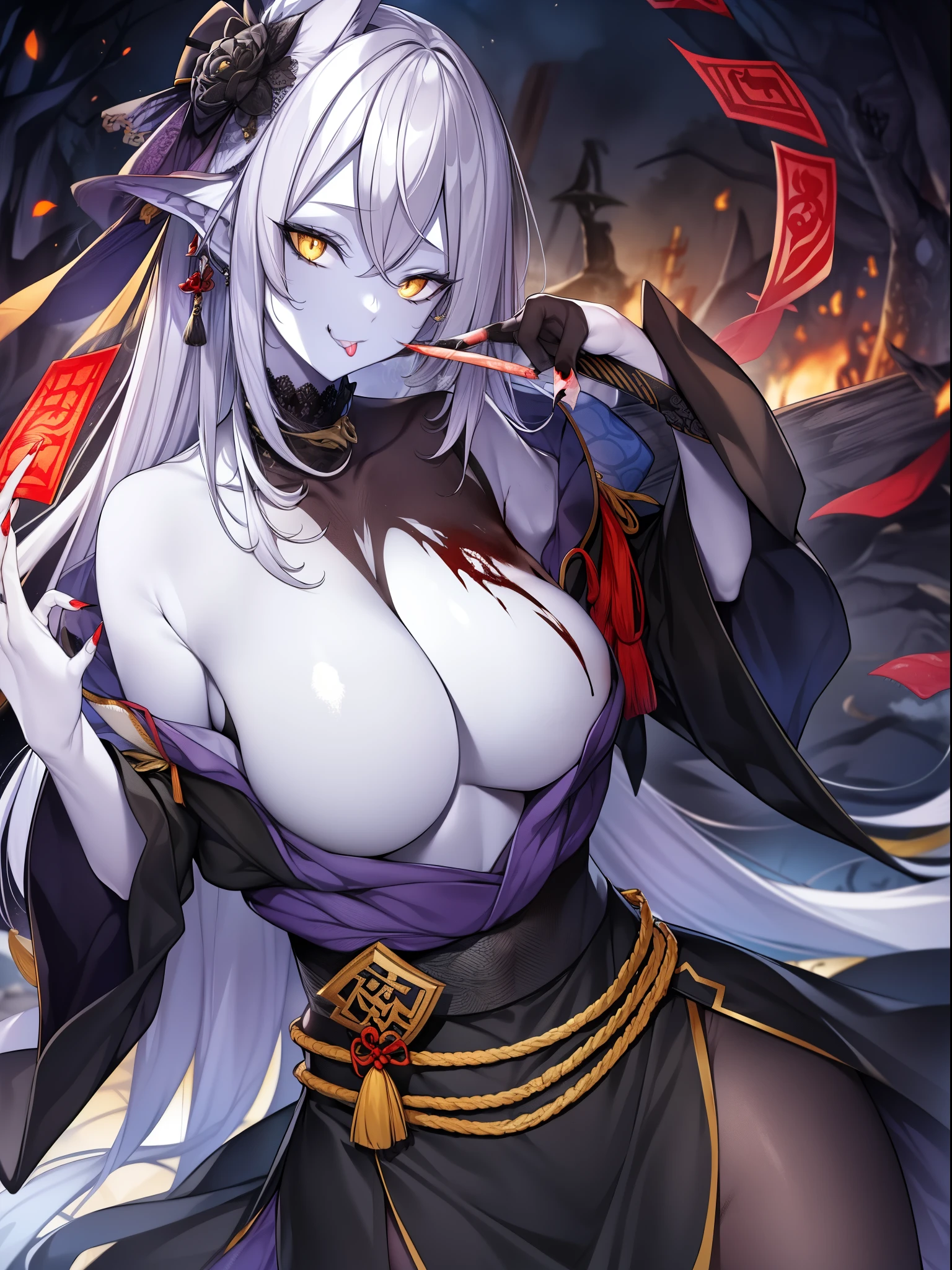 JiangshiT, yellow eyes, tongue out, colored skin, zombie pose, black sclera, ofuda, long fingernails, VivyA, 1girl