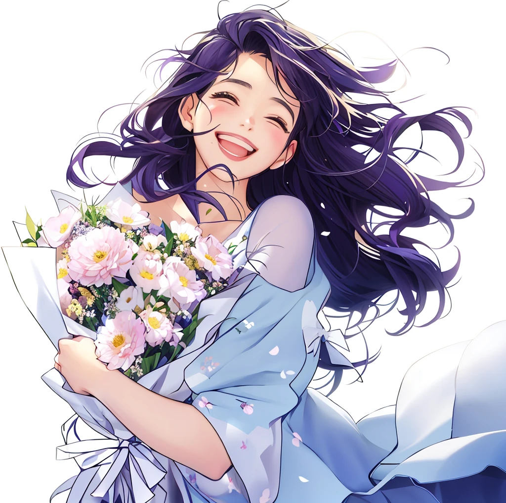 Anime girl with flowers in her hands,With a smile on his face, with flowers, Guviz, she expressing joy, beautiful and smiling, laughing sweetly, Lovely smile, with a beautifull smile, Middle metaverse, by Yang J, Happy and cheerful look, and she smiling,Very happy, Guviz-style artwork、white backgrounid、Petals flutter