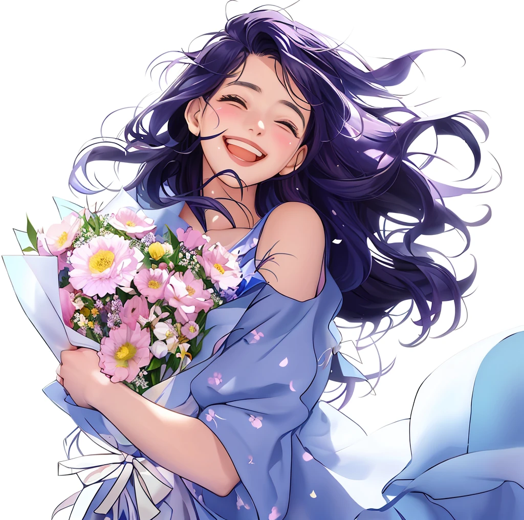 Anime girl with flowers in her hands,With a smile on his face, with flowers, Guviz, she expressing joy, beautiful and smiling, laughing sweetly, Lovely smile, with a beautifull smile, Middle metaverse, by Yang J, Happy and cheerful look, and she smiling,Very happy, Guviz-style artwork、white backgrounid、Petals flutter