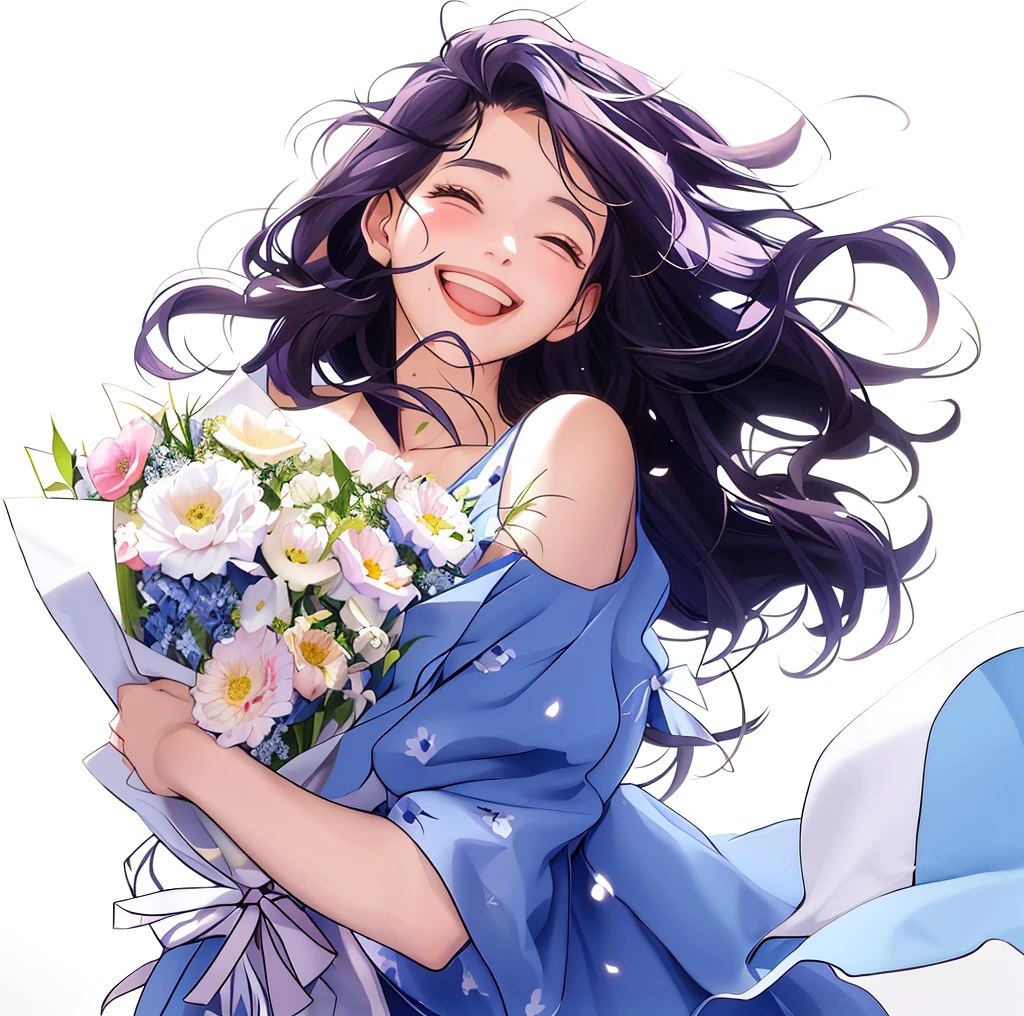 Anime girl with flowers in her hands,With a smile on his face, with flowers, Guviz, she expressing joy, beautiful and smiling, laughing sweetly, Lovely smile, with a beautifull smile, Middle metaverse, by Yang J, Happy and cheerful look, and she smiling,Very happy, Guviz-style artwork、white backgrounid、Petals flutter