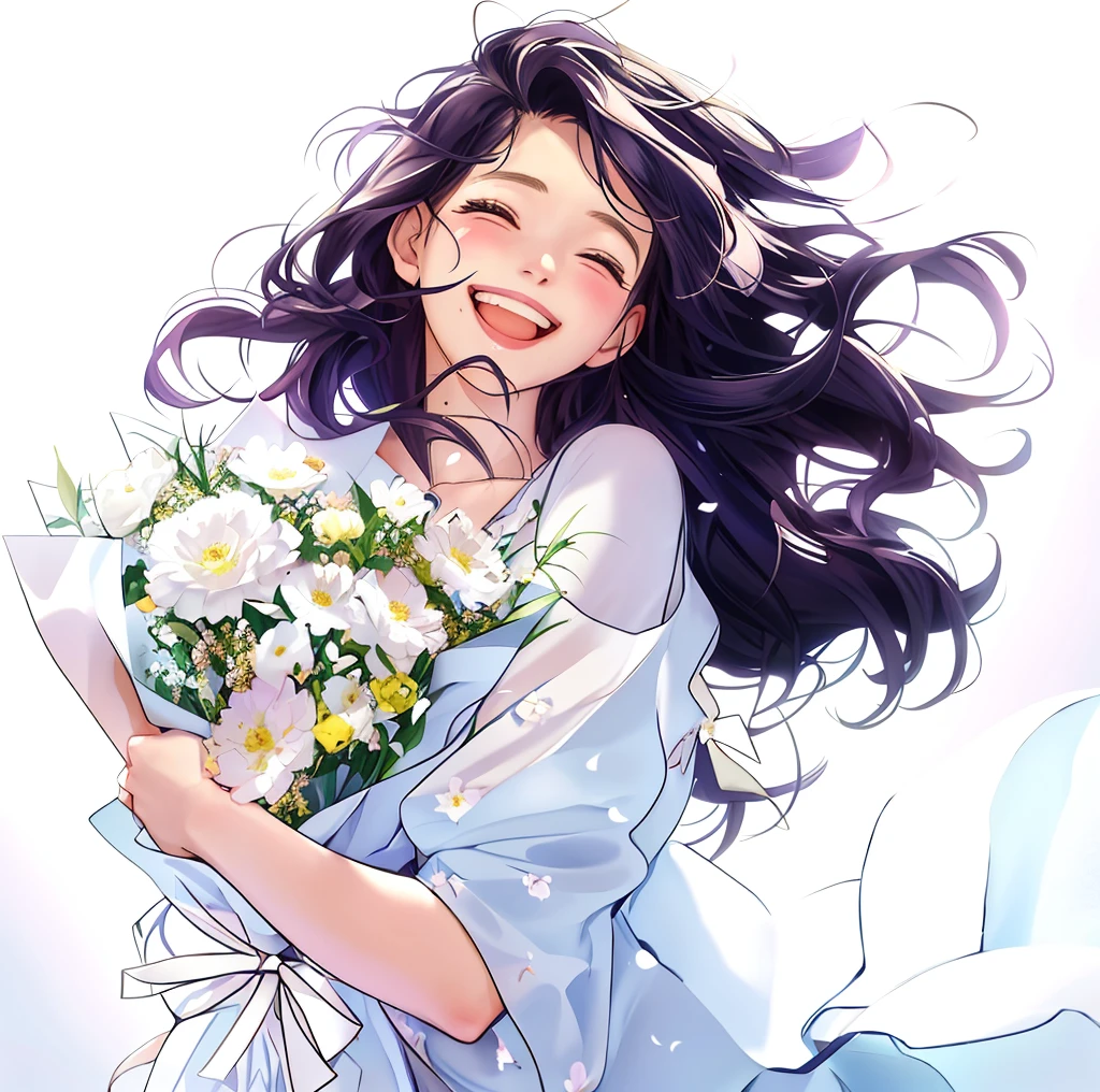 Anime girl with flowers in her hands,With a smile on his face, with flowers, Guviz, she expressing joy, beautiful and smiling, laughing sweetly, Lovely smile, with a beautifull smile, Middle metaverse, by Yang J, Happy and cheerful look, and she smiling,Very happy, Guviz-style artwork、white backgrounid、Petals flutter