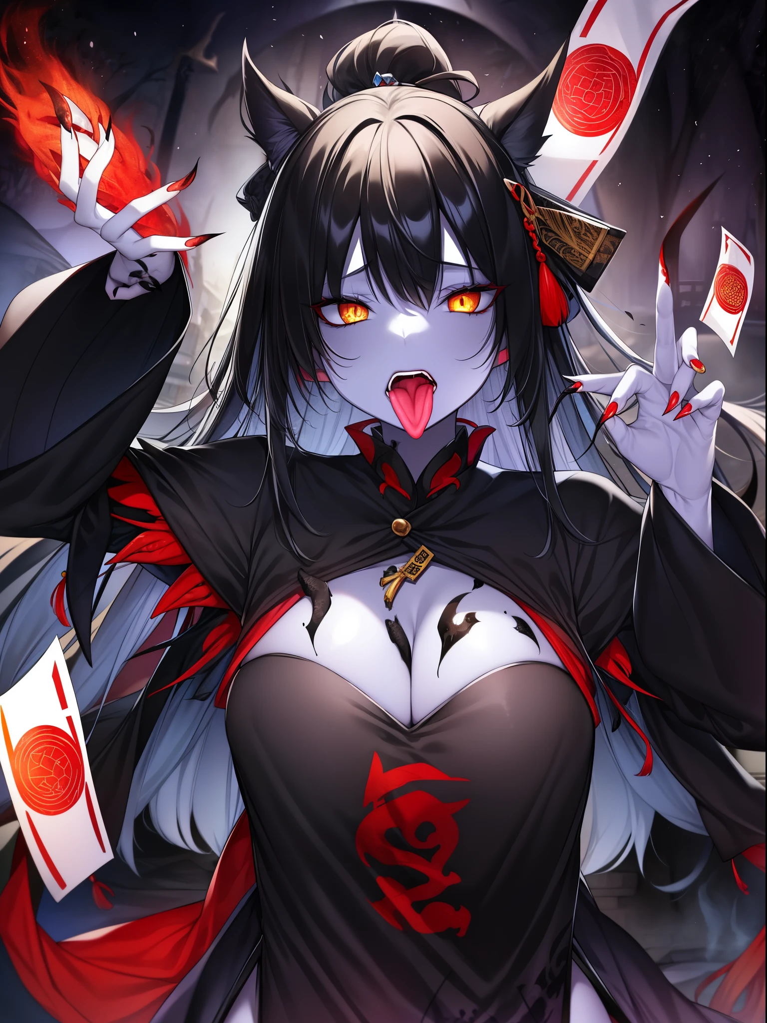 JiangshiT, yellow eyes, tongue out, colored skin, zombie pose, black sclera, ofuda, long fingernails, VivyA, 1girl