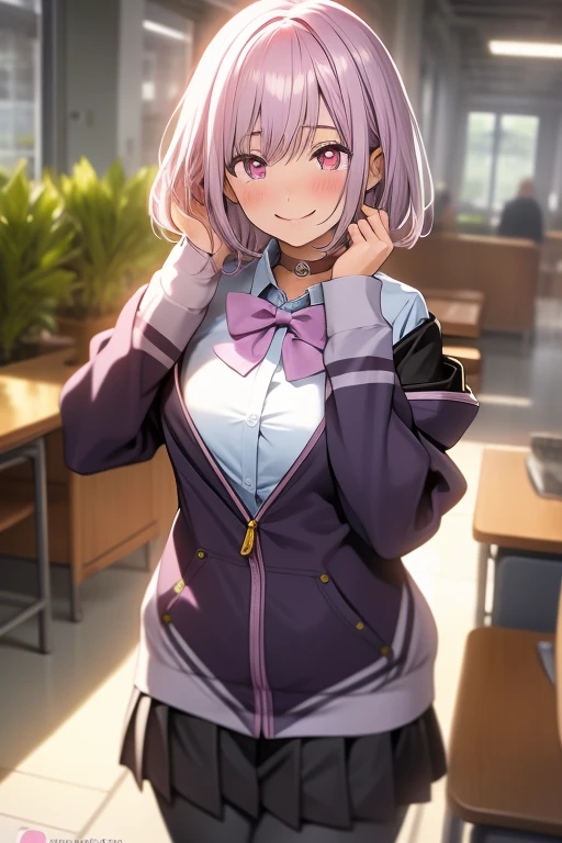 1girl,((smile:1.1)),naughty face,heart-shaped pupils,fingernails,hands on own face,white hair,purple eyes,((shaded face)),(blush:1.4),choker,upper body,trembling,sweat,sweatdrop,heart,(crazy:1.1),(speed lines), (ahegao), medium breasts, ((heavy breathing)), love, heart, desk,akaneshinjou, shinjou akane, light purple hair, (pink eyes:1.2), short hair,
BREAK black pantyhose, bow, collared shirt, hood, hooded jacket, jacket, open clothes, open jacket, open shirt, pantyhose, purple bow, purple jacket, school uniform, shirt, sleeves past wrists, unbuttoned shirt, white shirt,,
BREAK indoors, city,
BREAK looking at viewer, BREAK (masterpiece:1.2), best quality, high resolution, unity 8k wallpaper, (illustration:0.8), (beautiful detailed eyes:1.6), extremely detailed face, perfect lighting, extremely detailed CG, (perfect hands, perfect anatomy),