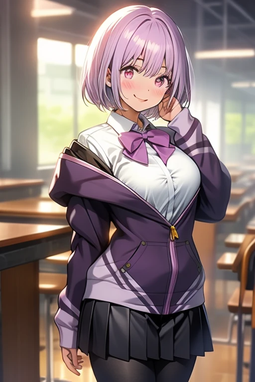 1girl,((smile:1.1)),naughty face,heart-shaped pupils,fingernails,hands on own face,white hair,purple eyes,((shaded face)),(blush:1.4),choker,upper body,trembling,sweat,sweatdrop,heart,(crazy:1.1),(speed lines), (ahegao), medium breasts, ((heavy breathing)), love, heart, desk,akaneshinjou, shinjou akane, light purple hair, (pink eyes:1.2), short hair,
BREAK black pantyhose, bow, collared shirt, hood, hooded jacket, jacket, open clothes, open jacket, open shirt, pantyhose, purple bow, purple jacket, school uniform, shirt, sleeves past wrists, unbuttoned shirt, white shirt,,
BREAK indoors, city,
BREAK looking at viewer, BREAK (masterpiece:1.2), best quality, high resolution, unity 8k wallpaper, (illustration:0.8), (beautiful detailed eyes:1.6), extremely detailed face, perfect lighting, extremely detailed CG, (perfect hands, perfect anatomy),