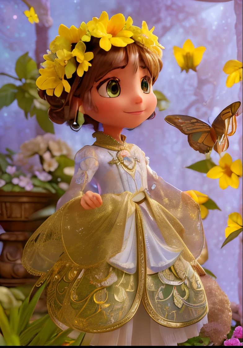 (best quality,4k,8k,highres,masterpiece:1.2),ultra-detailed,(realistic,photorealistic,photo-realistic:1.37),Meki in a vibrant fantasy world, with flowing vibrant hair, piercing sparkling eyes with vibrant colors, and a confident and mysterious smile. She is wearing an elegant and ethereal dress made of iridescent fabric that reflects the colors of the surroundings. Her dress is adorned with intricate and delicate embroidery, shimmering with silver and gold threads. Meki is standing in a lush garden blooming with exotic flowers and plants, with vibrant butterflies fluttering around her. The garden is illuminated by soft golden sunlight, casting a magical glow on everything it touches. The air is filled with a sweet floral fragrance, adding to the enchanting atmosphere. The scene is enhanced with a dream-like artistic style, with vibrant and saturated colors highlighting the beauty of the surroundings. The overall tone of the image is warm and inviting, with a touch of whimsy and fantasy. The lighting creates a soft and ethereal ambiance, casting gentle shadows and enhancing the depth and dimensionality of the scene. The image is of the highest quality, with ultra-fine details and sharp focus, capturing every intricate element with precision. The composition of the image is carefully framed, with Meki positioned as the central focus, surrounded by the vibrant and captivating elements of the fantasy garden.