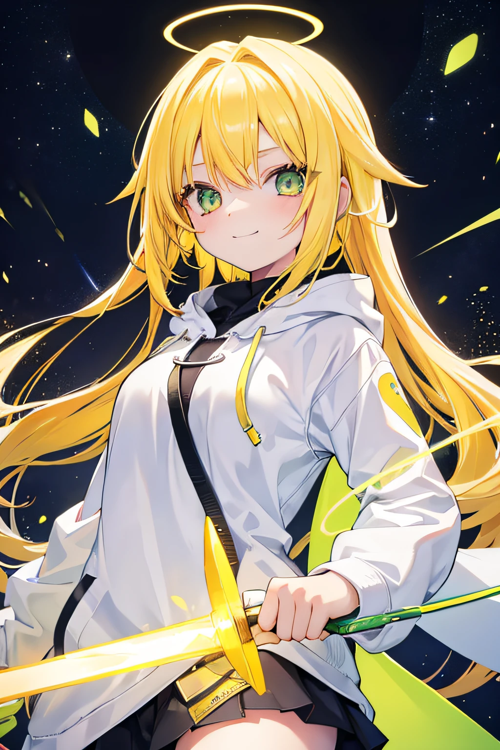 Cute　girl with　yellow  hair　yellow-green eyes　White hoodie　Grins　magic circles　holds a sword　Super long hair　stele　Meteor swarm