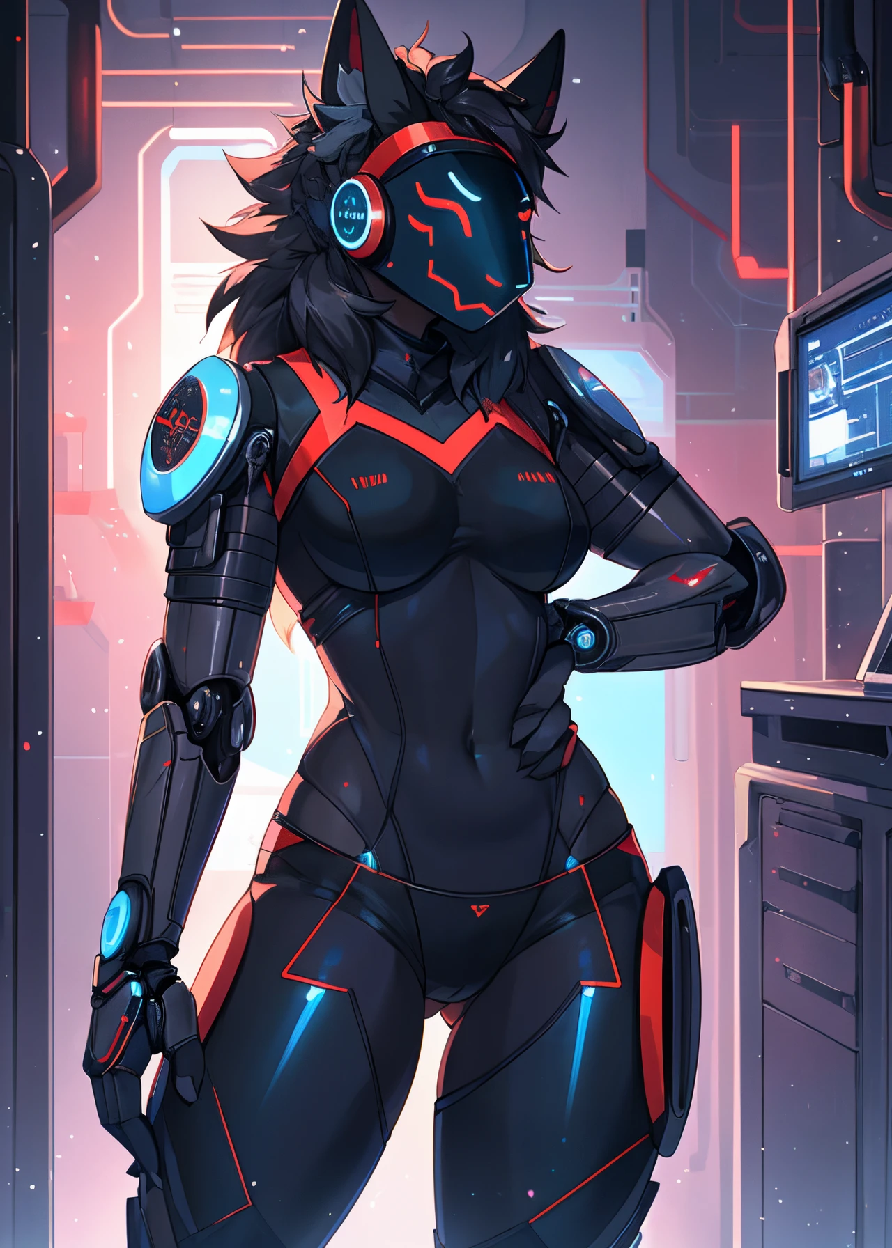 Solo, a red and black protogen, female, intricately designed cybernetic implants, tall, skinny, thick thighs, standing in a dark laboratory, illuminated body parts, by hyattlen, by fumiko, by claweddrip, posing seductively, realistic