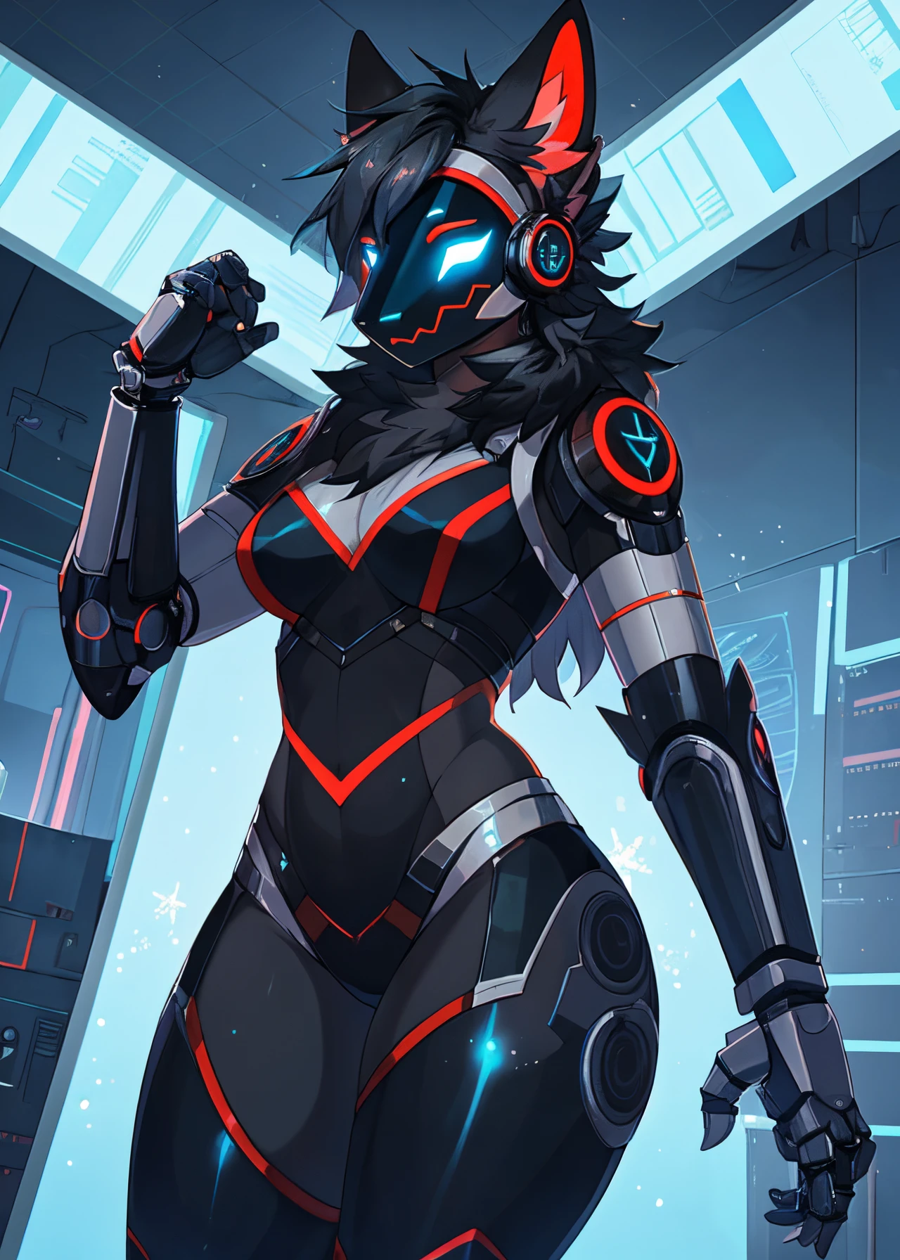 Solo, a red and black protogen, female, intricately designed cybernetic implants, tall, skinny, thick thighs, standing in a dark laboratory, illuminated body parts, by hyattlen, by fumiko, by claweddrip, posing seductively, realistic
