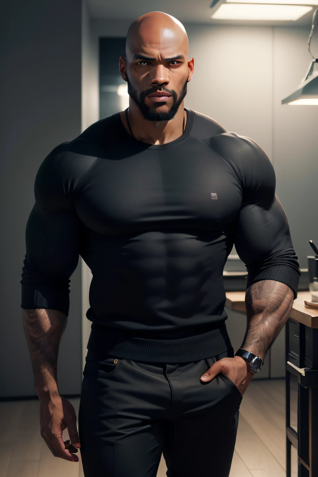 (8k, RAW Photo, best quality, master piece: 1.2), ultra detailed, official artwork, photorealistic: 1.37, highly detailed, ultra photorealistic, cinematic lighting pose of bald black man, macho facial expression, mysterious look with slight smile , light beard, standing looking at viewer from the front, Pose facing viewer, news anchor style, wearing casual solid color clothing