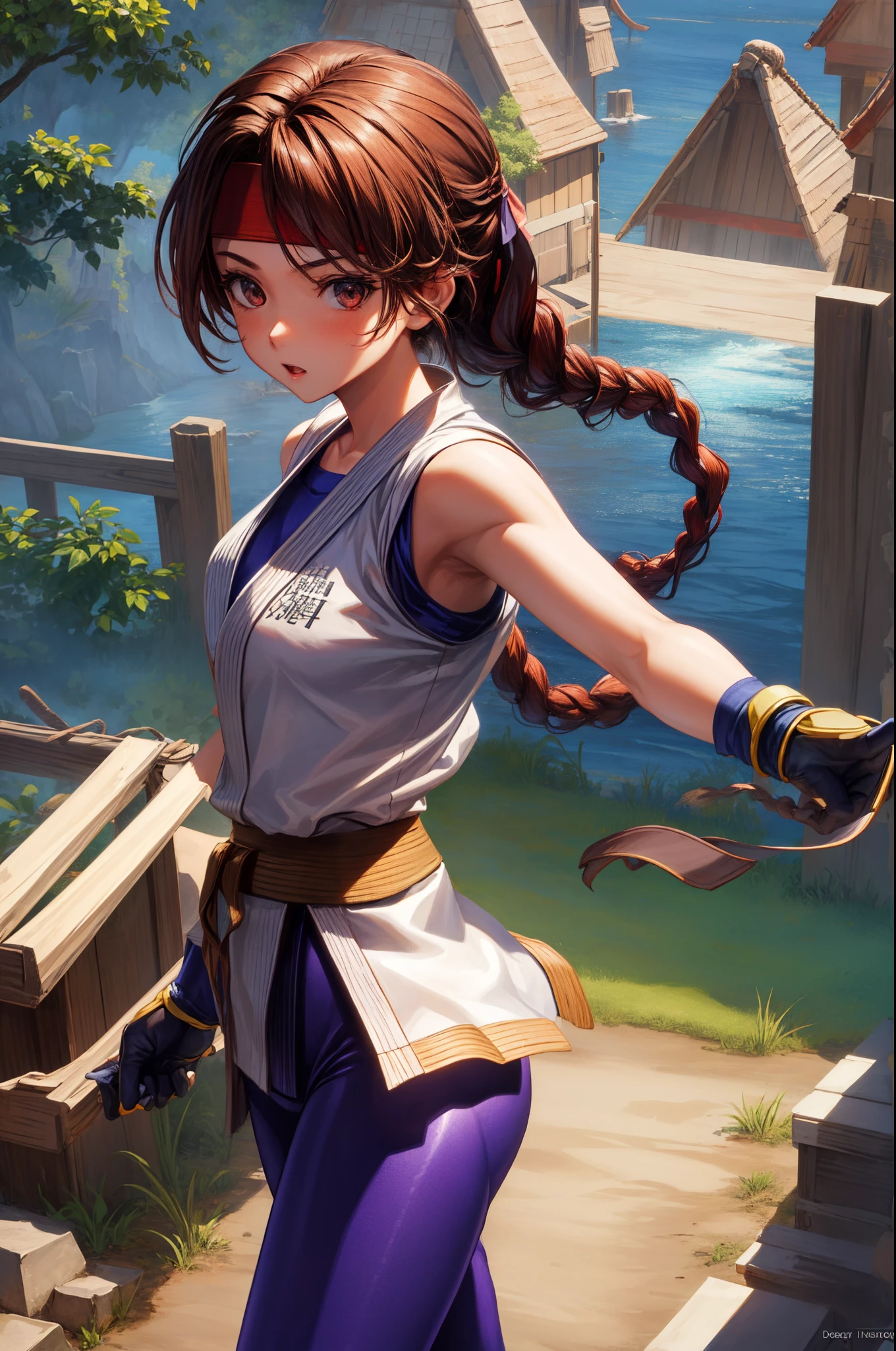 (masterpiece, best quality, high resolution, unity 8k wallpaper, extremely detailed CG:1), (illustration:1.0), 1girl,solo, yurims, headband, dougi, spandex, gloves,