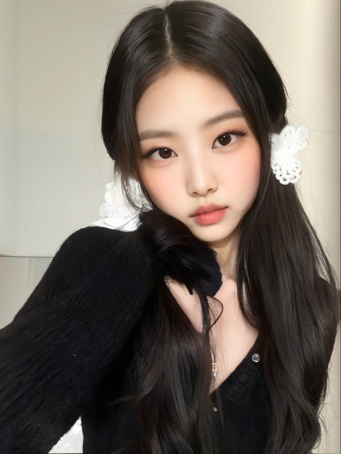 Arafed Asian girl with long black hair and a black sweater, Ulzzang, Adorable young Korean face, beautiful aesthetic face, ****** coreana, young cute wan asian face, wan adorable korean face, korean face features, Beautiful Asian girl, ****** coreana jovem bonita, ****** coreana jovem bonita, Mulher sul-coreana bonita, com cabelos longos e olhos penetrantes