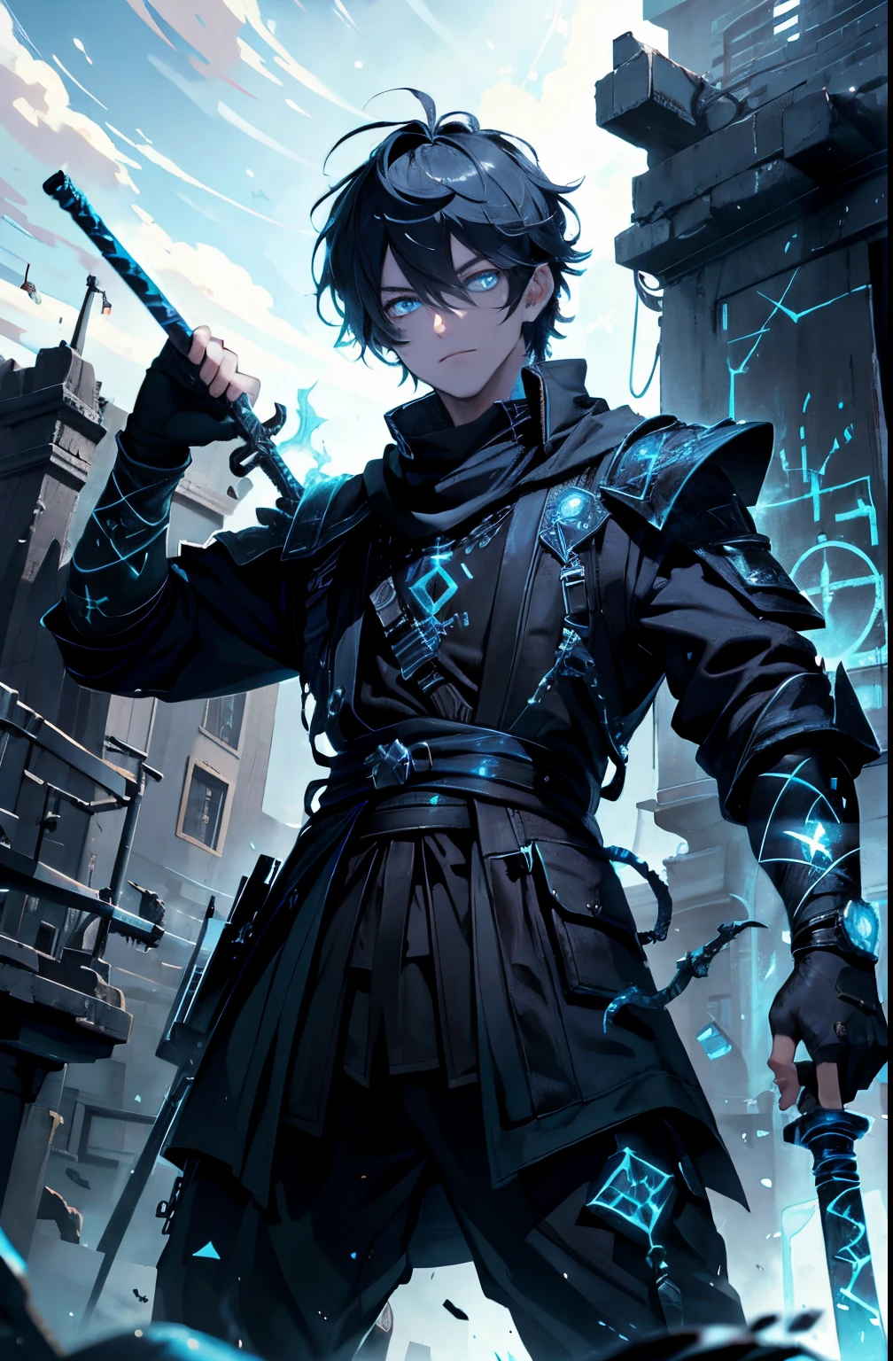 (absurdres, highres, ultra detailed), masterpiece, best quality, real light and shadow, solo, a boy with white hair, red sleeveless outfit, handsome, finely eye, detailed face, detailed eye, black scarf, two swords, dual-swords, a swords surround by blue flame, tattoo, from below, look down, ruined city, dark background, swirl, spark, cowboy shot, BREAK, blue eyes, GlowingRunes_paleblue