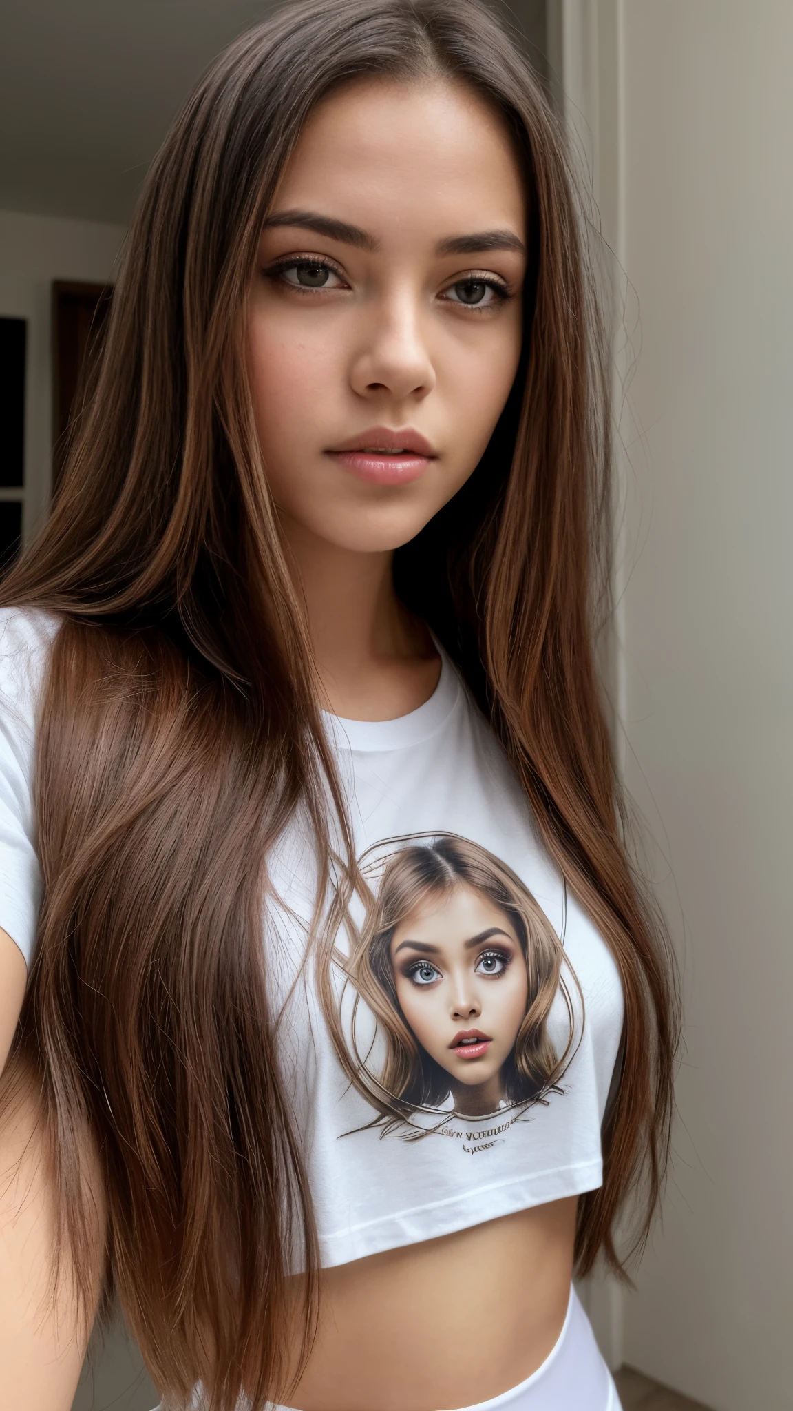 (better quality) 1girl, DinaTLOU2, alone, looking at the Viewer, close-up of thighs, long hairstyle, t-shirt, leggings, big eyes, detailed lips, realistic