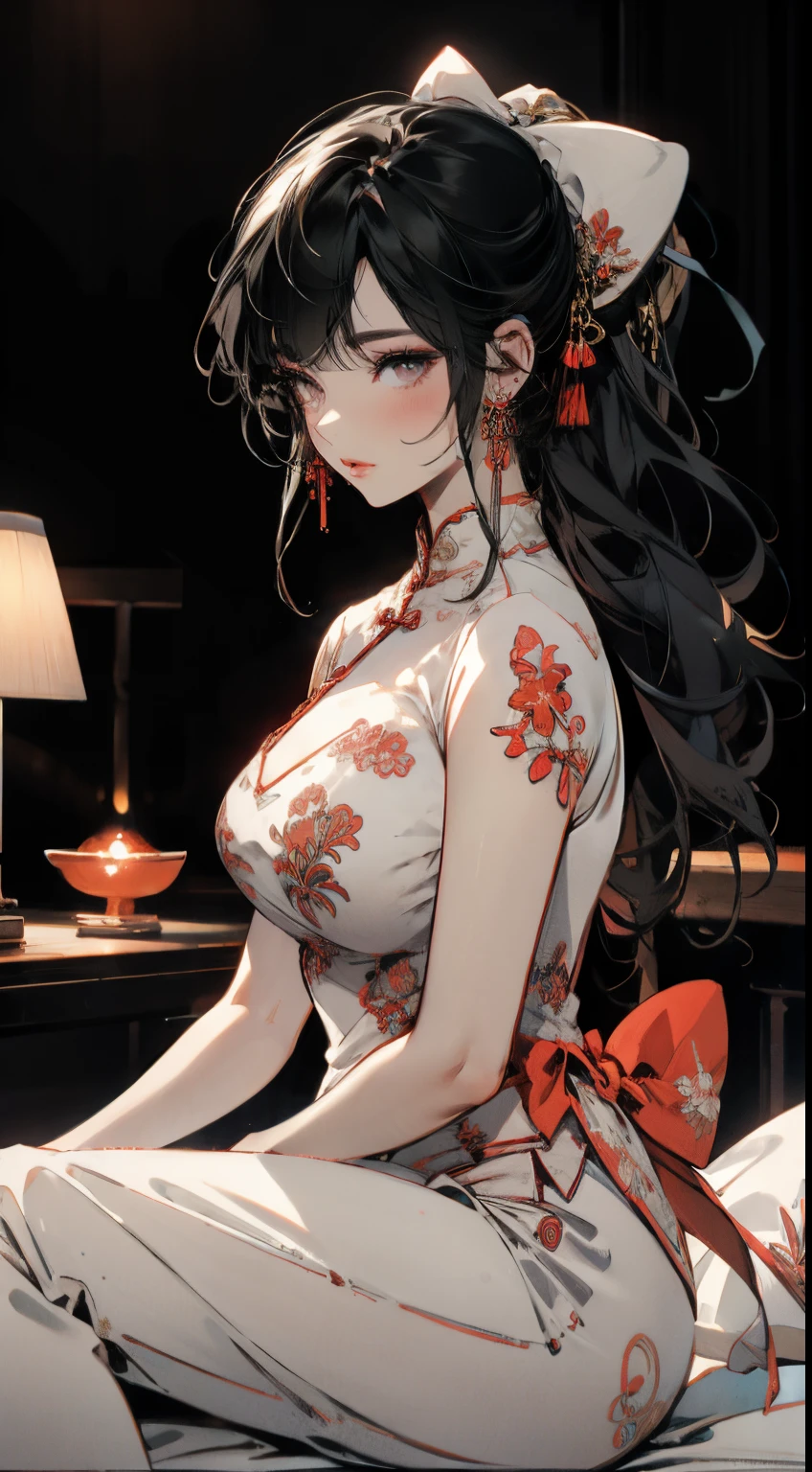 1 person、Mature、Ample breasts、Long Hair、Black Hair、Trimmed bangs、Earrings、hairpin、naked、Red eyeshadow on the outer corner of the eye、Gorgeous、Chinese accessories、Gorgeous Accessories、Gold decoration、露出したNipples、Nipplesを出す、Lift the chest、Take off your clothes、A smoking pipe in one hand、Put one hand on your chest、purple smoke、A seductive smile、Seduce、Nipples、Areola、露出したNipples、むき出しのNipples、Show your chest、Sweat、Blushing、Excited、High resolution、Highest quality