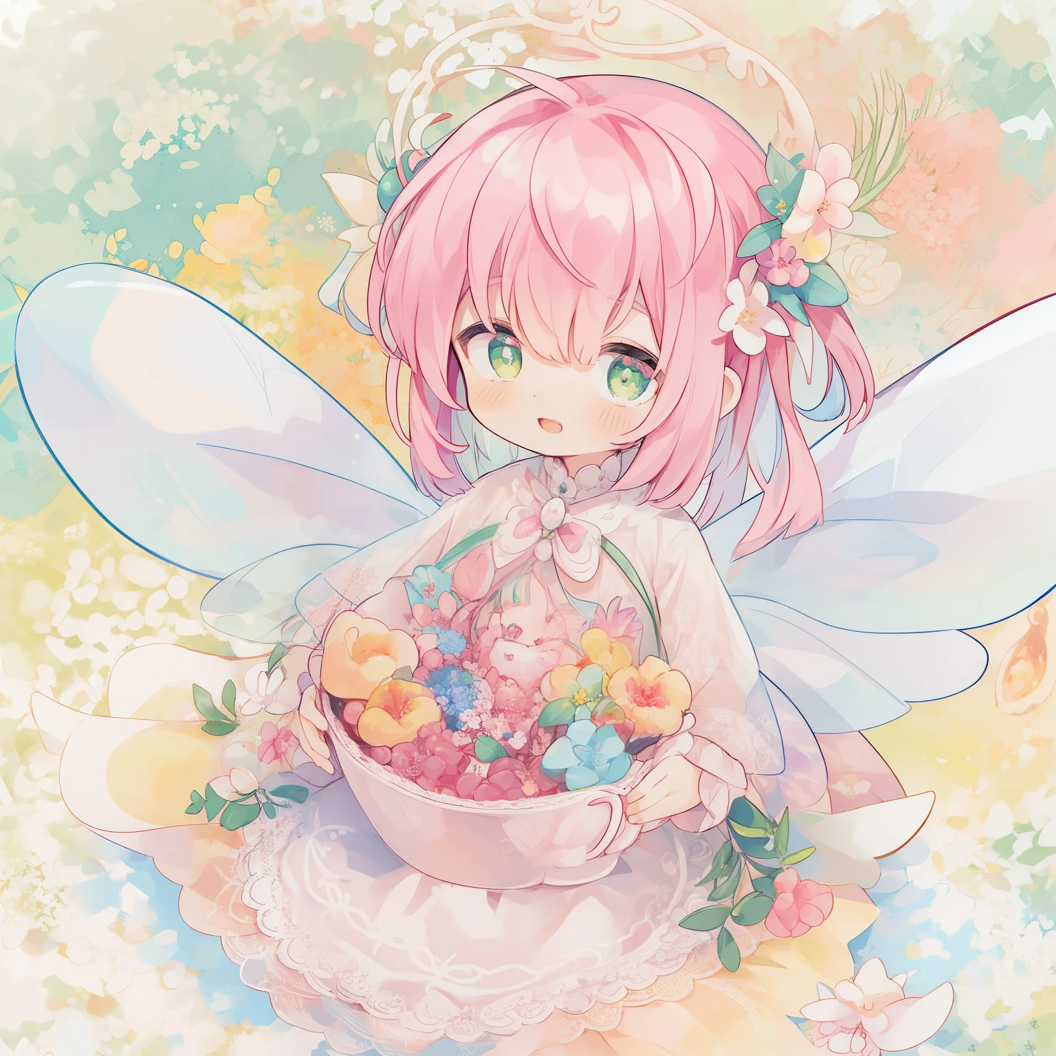(PastelColors:1.3)、(Cute illustration:1.3)、(watercolor paiting:1.1)、 Detailed background、1girl in、Smile with open mouth、Beautifully detailed、Moya、colourfull、marble、Particles of light、patterns、 Detailed drawing、Vibrant colors、striking contrast、intricate detailes、Delicate depiction、Luminescent、full body Esbian、From the side、Beautiful facial features、Brightly colored eyes、Wearing intricate and delicate ornaments、glowing aura、Radiant hair,Illuminated by the morning light、Summer wreath on background、Pale yellow-green background、Fairy with a bouquet of flowers、Fancy Fairy、A pink-haired、little fairy sitting in a big teacup、(Little fairy in a big teacup。:1.1)、Fairy in a big teacup(Wearing fairy wings of lace material:1.5)A pink-haired、Green eyes、Anime - photo in the style of a girl in a bowl with flowers, Bun head、levitation、Thick wool gown:0.3