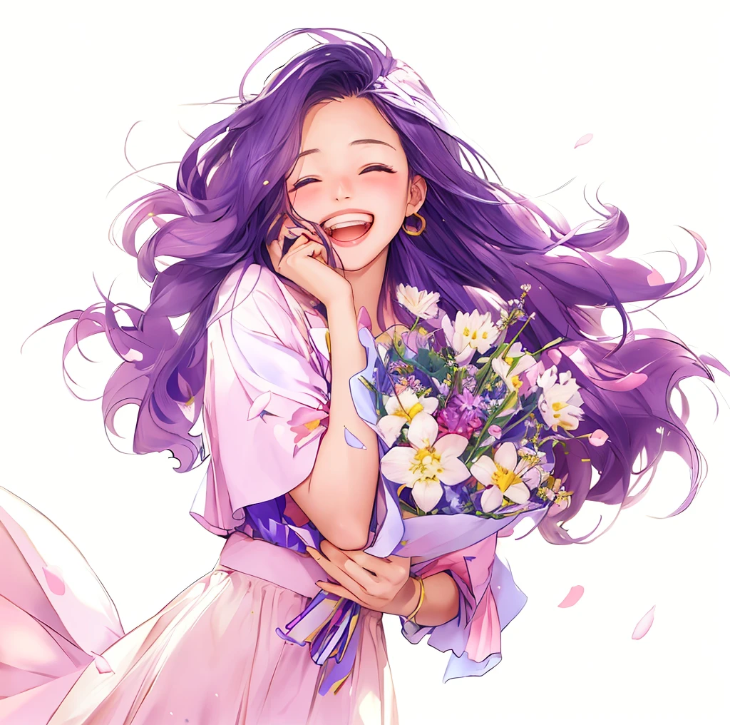 Anime girl with flowers in her hands,With a smile on his face, with flowers, Guviz, she expressing joy, beautiful and smiling, laughing sweetly, Lovely smile, with a beautifull smile, Middle metaverse, by Yang J, Happy and cheerful look, and she smiling,Very happy, Guviz-style artwork