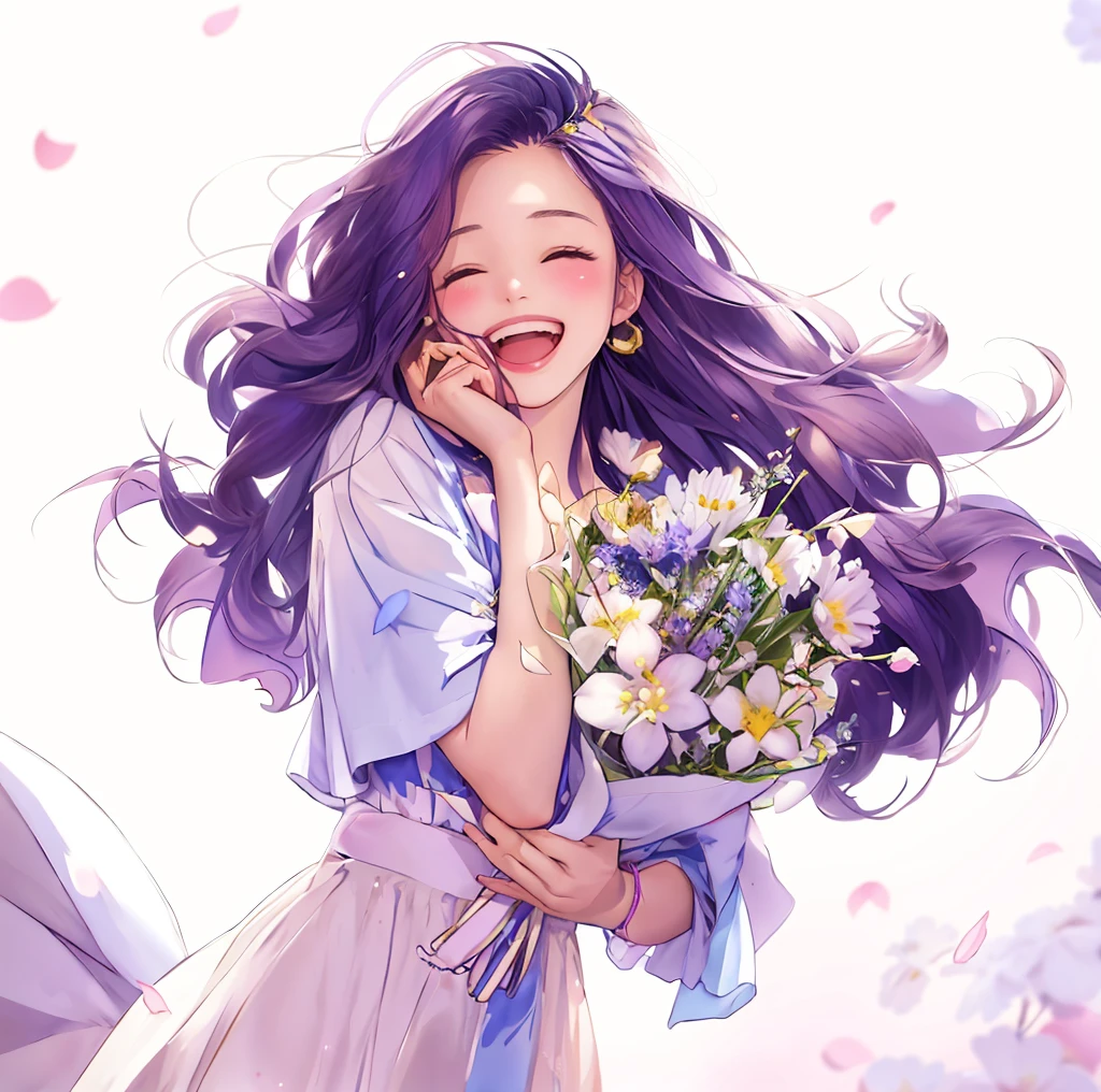 Anime girl with flowers in her hands,With a smile on his face, with flowers, Guviz, she expressing joy, beautiful and smiling, laughing sweetly, Lovely smile, with a beautifull smile, Middle metaverse, by Yang J, Happy and cheerful look, and she smiling,Very happy, Guviz-style artwork